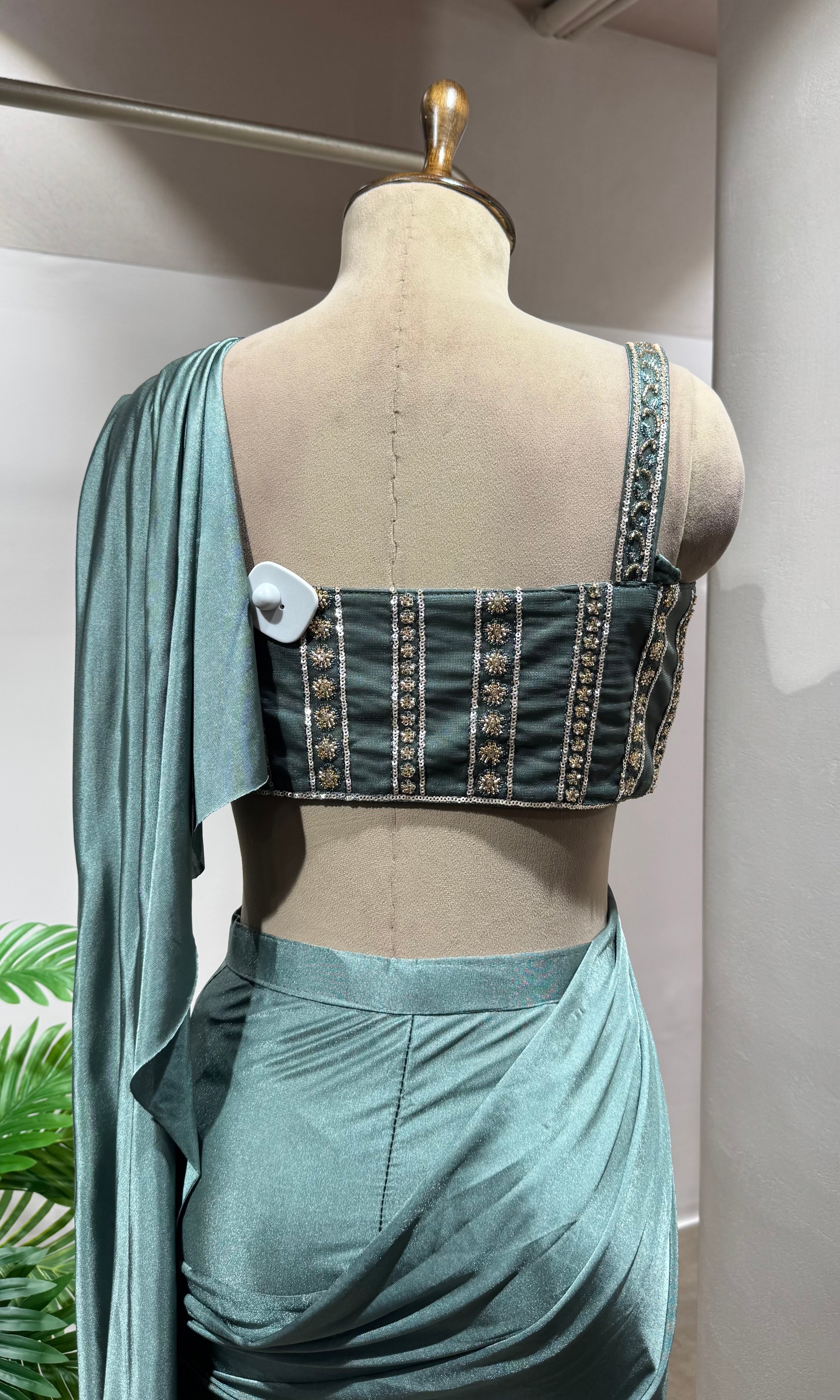 sea green drape saree WITH CORSET BLOUSE
