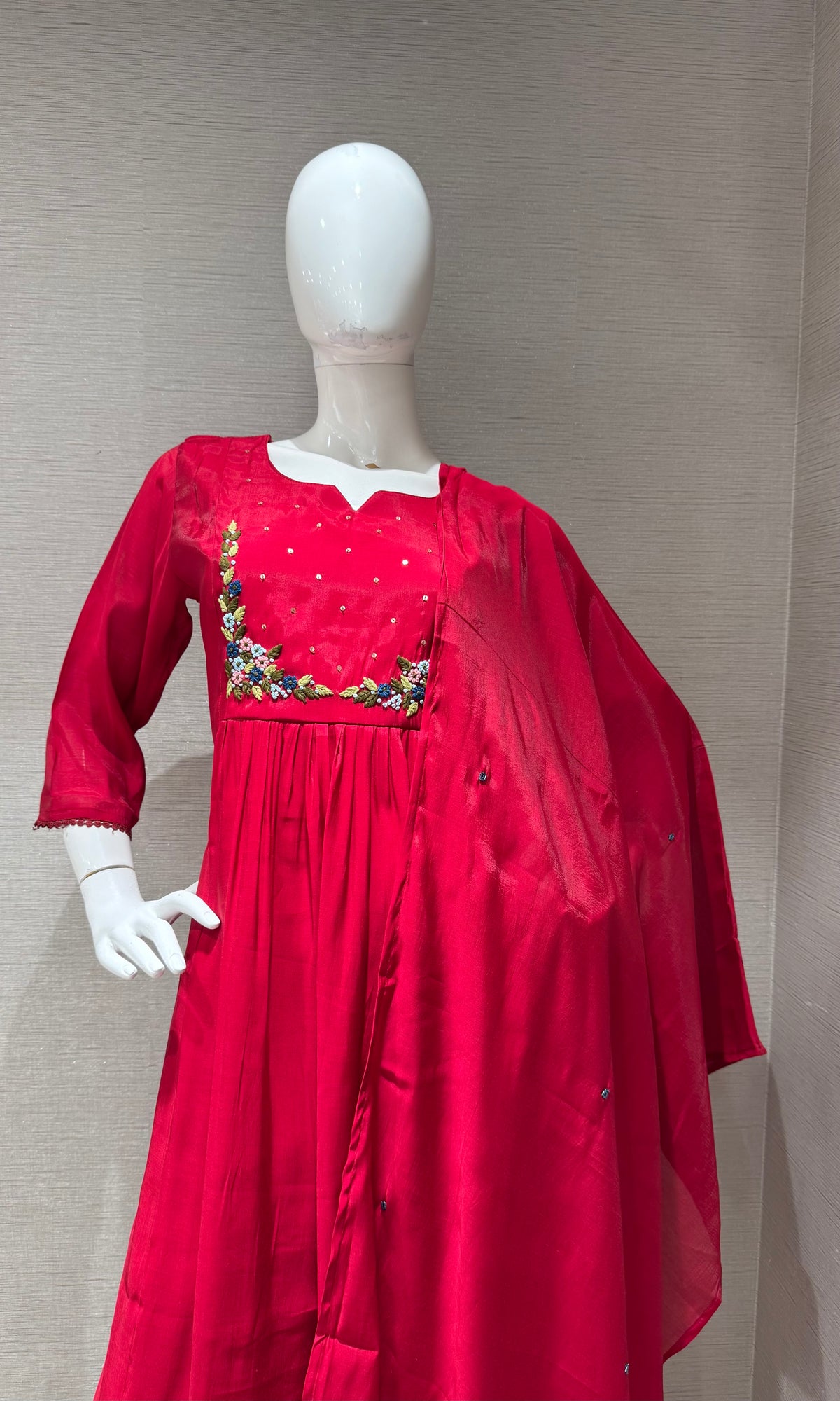 Red Chanderi silk kurta set with dupatta