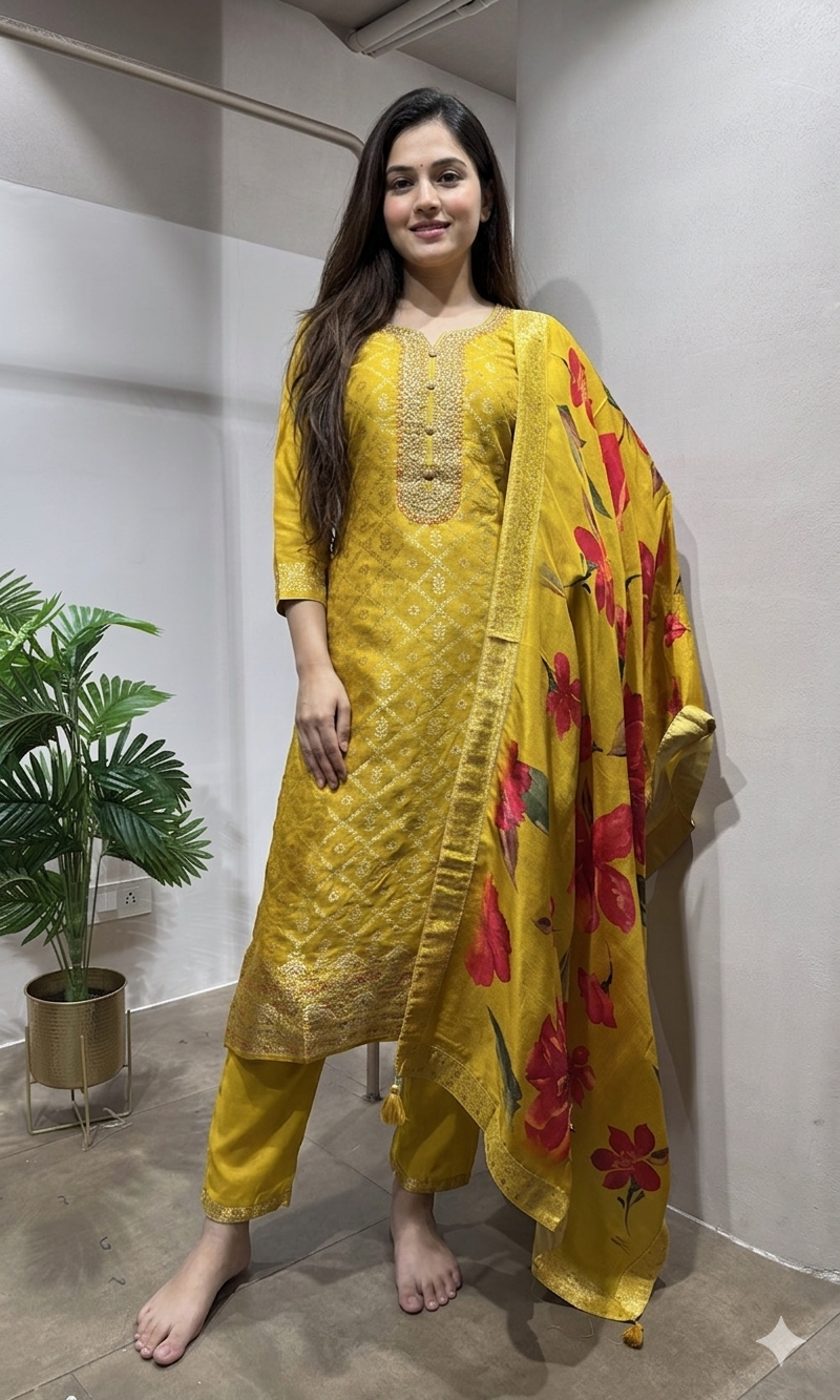 Yellow Embroidered Kurta Set with Dupatta