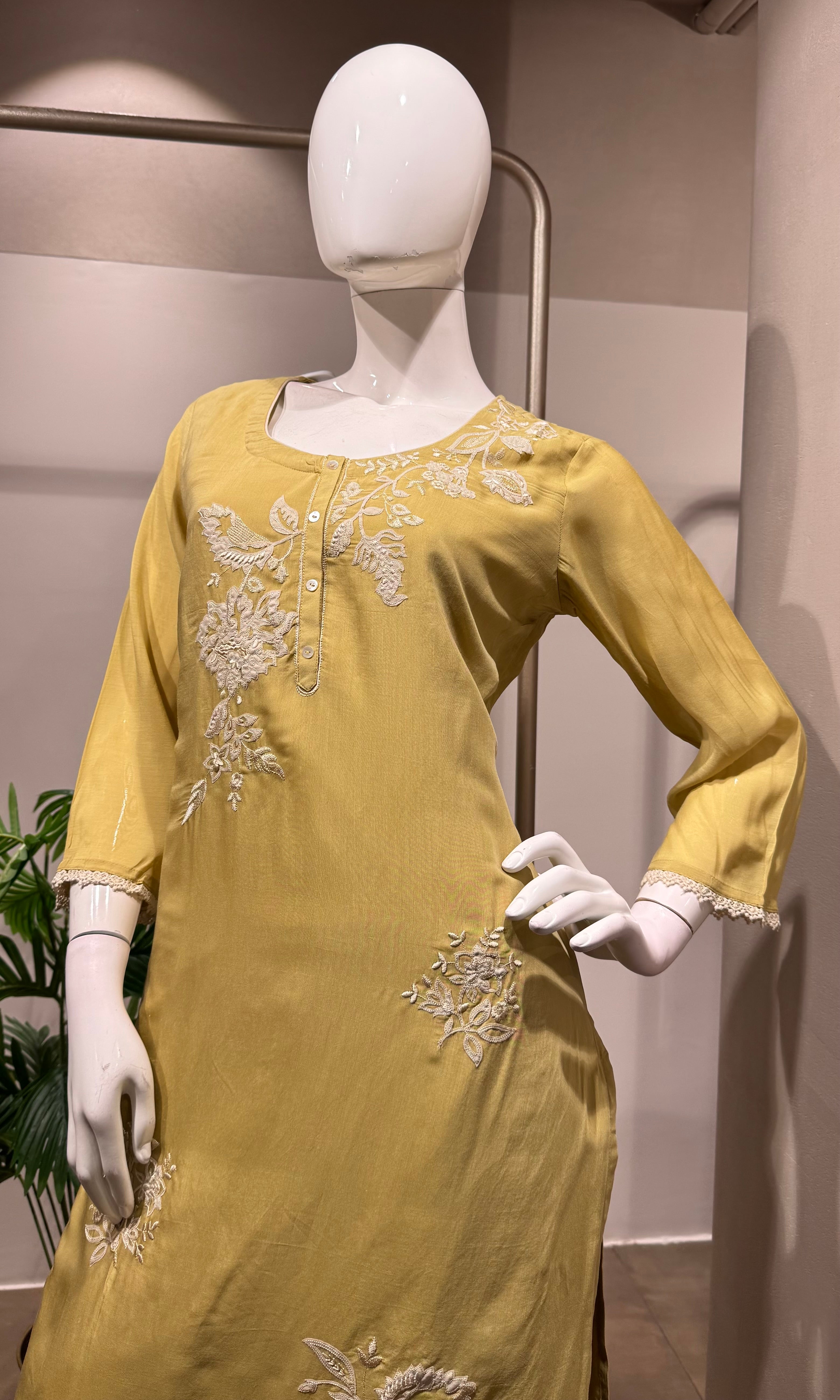 Mehandi green embroidered kurta set