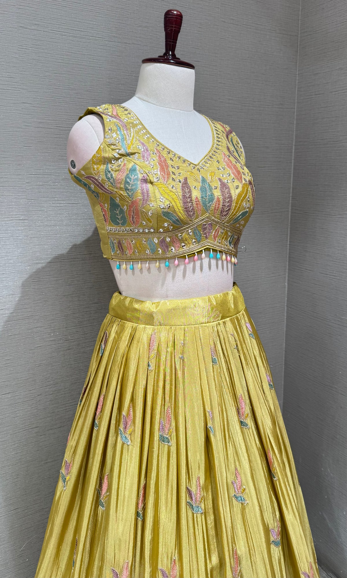 Mustard yellow Tissue silk Floral Print Lehenga Set