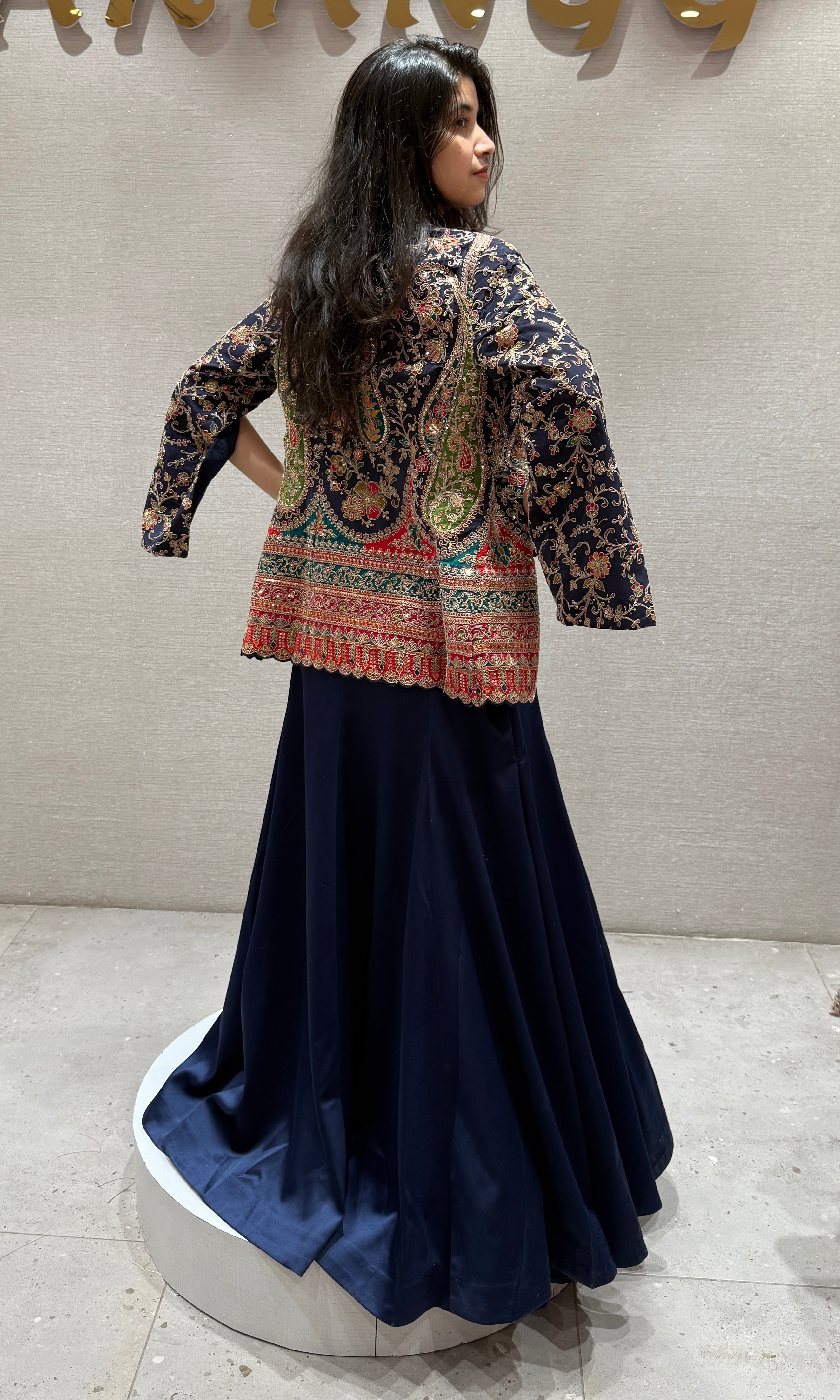Navy Blue Skirt Set with Embroidered Jacket