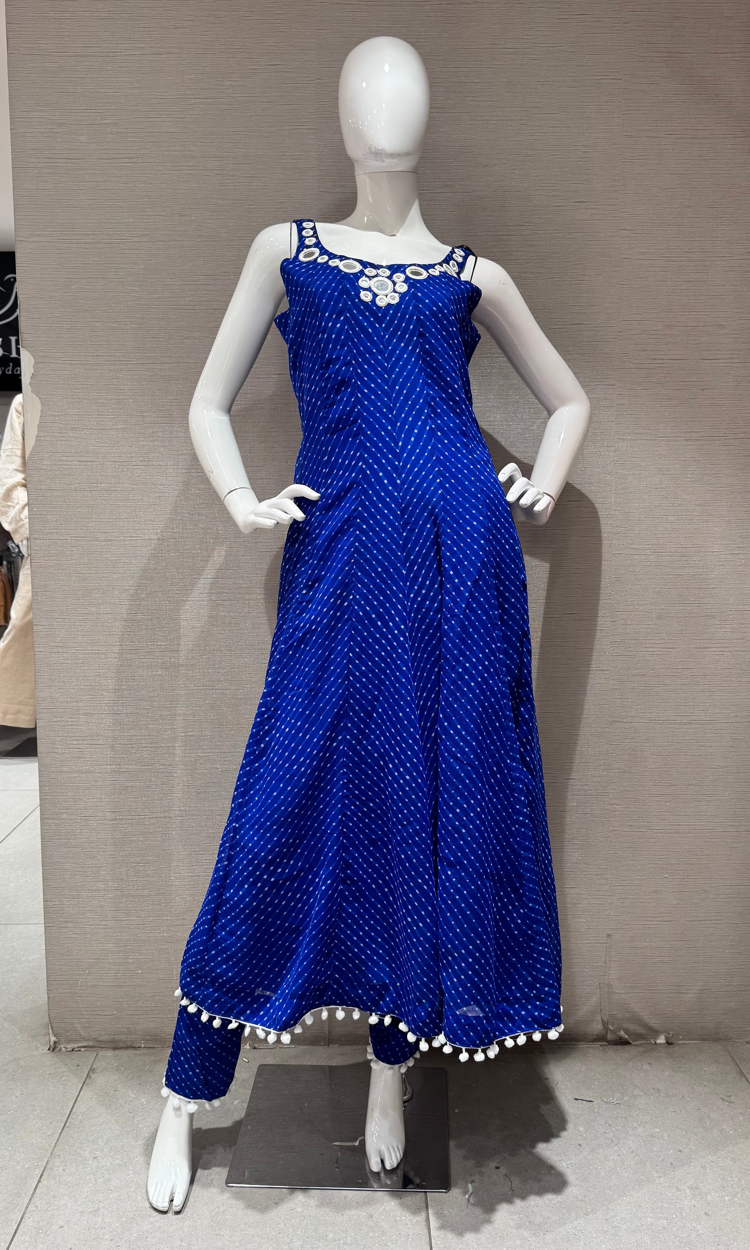 Blue bandhani print and intricate mirror anarkali set