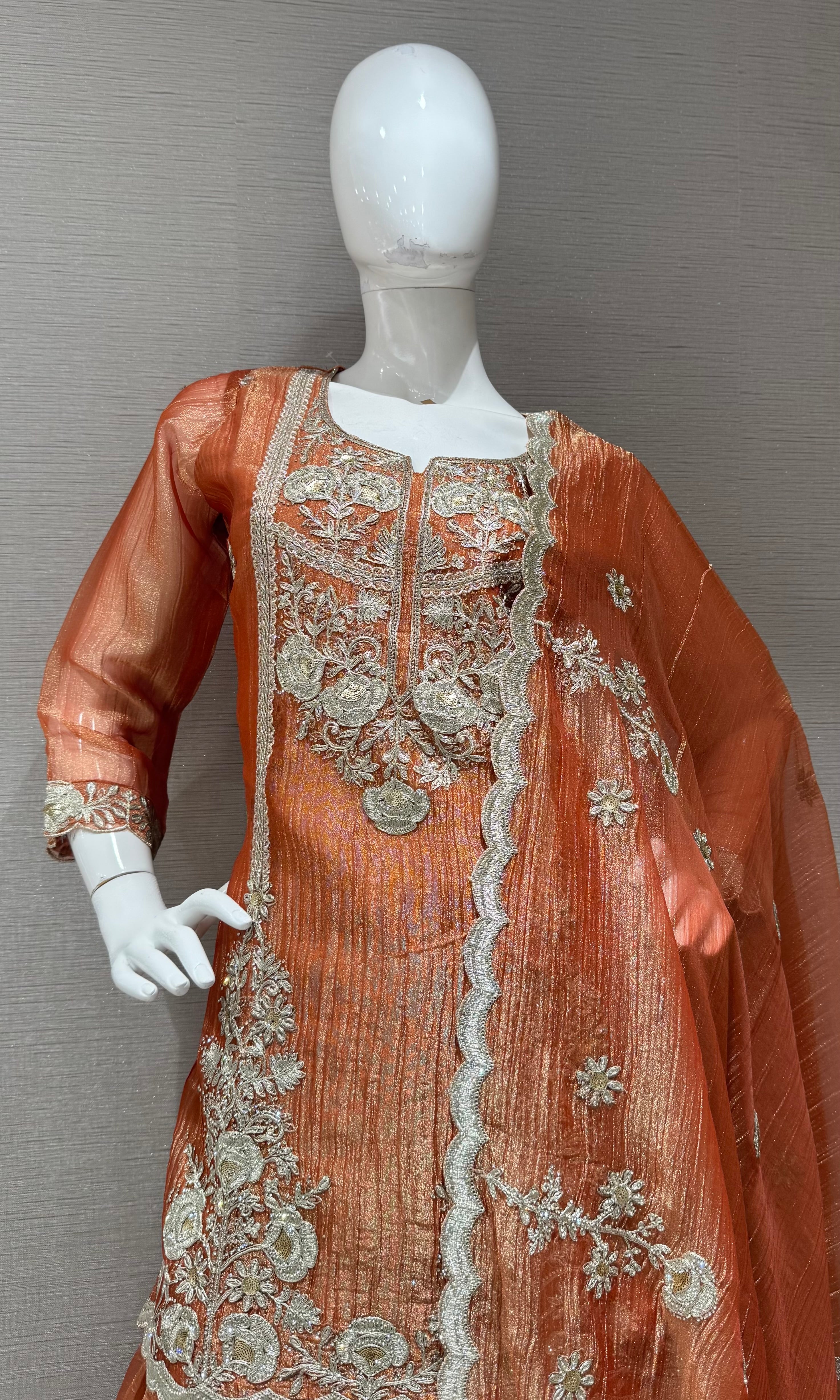 Rust Embroidered Sharara Set with Sheer Dupatta