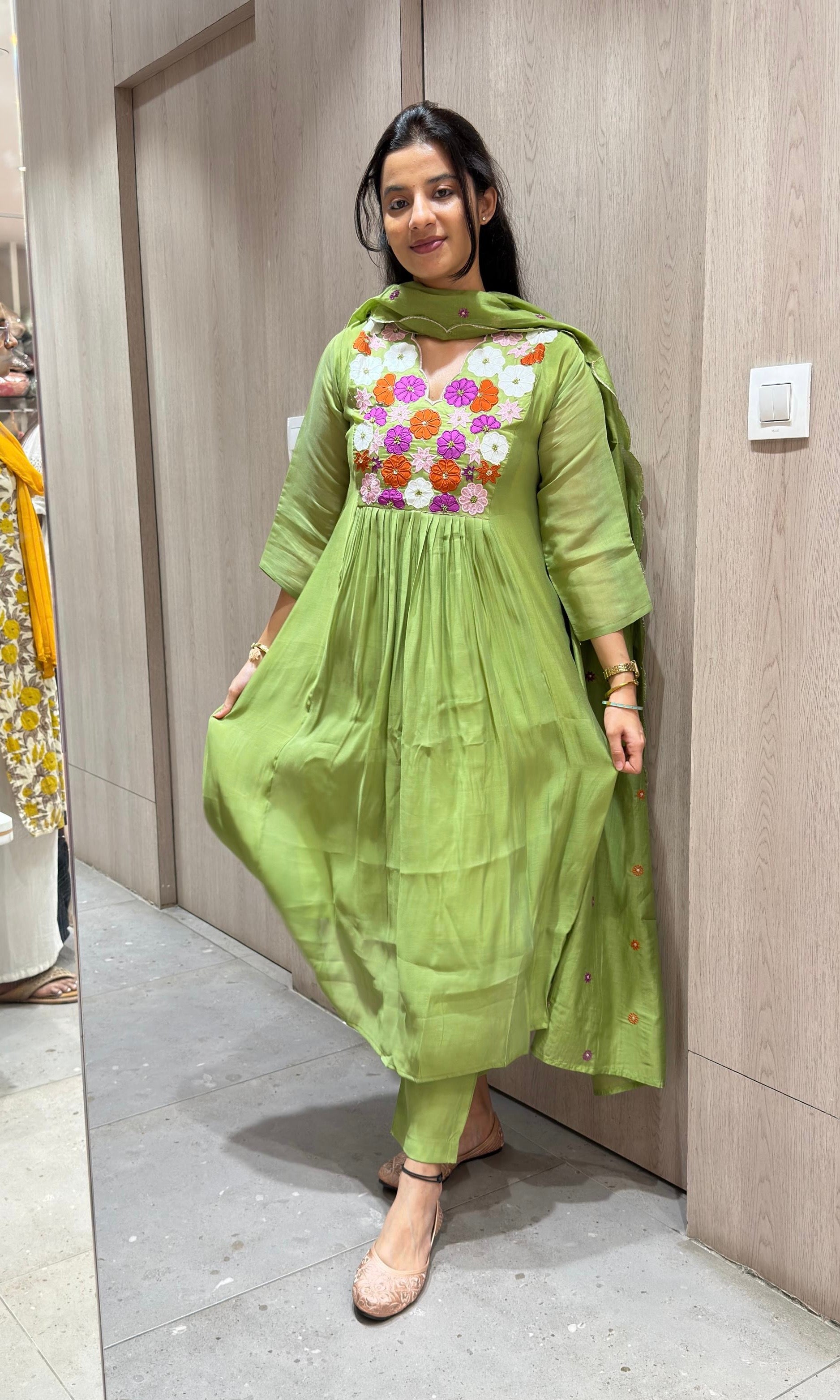 Green Floral MUL CHANDERI KURTA SET