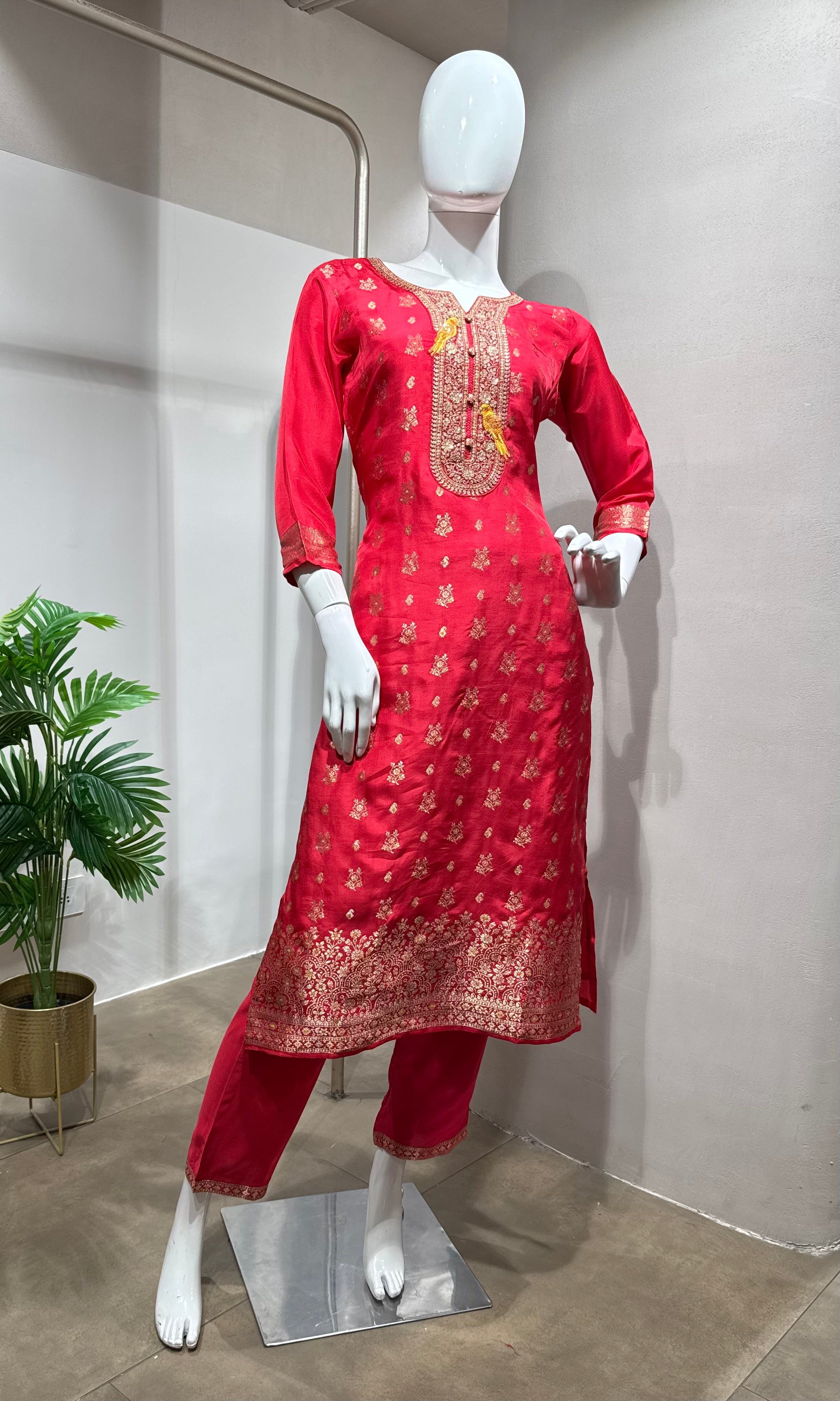 Pink Paithani art silk kurta set with dupatta