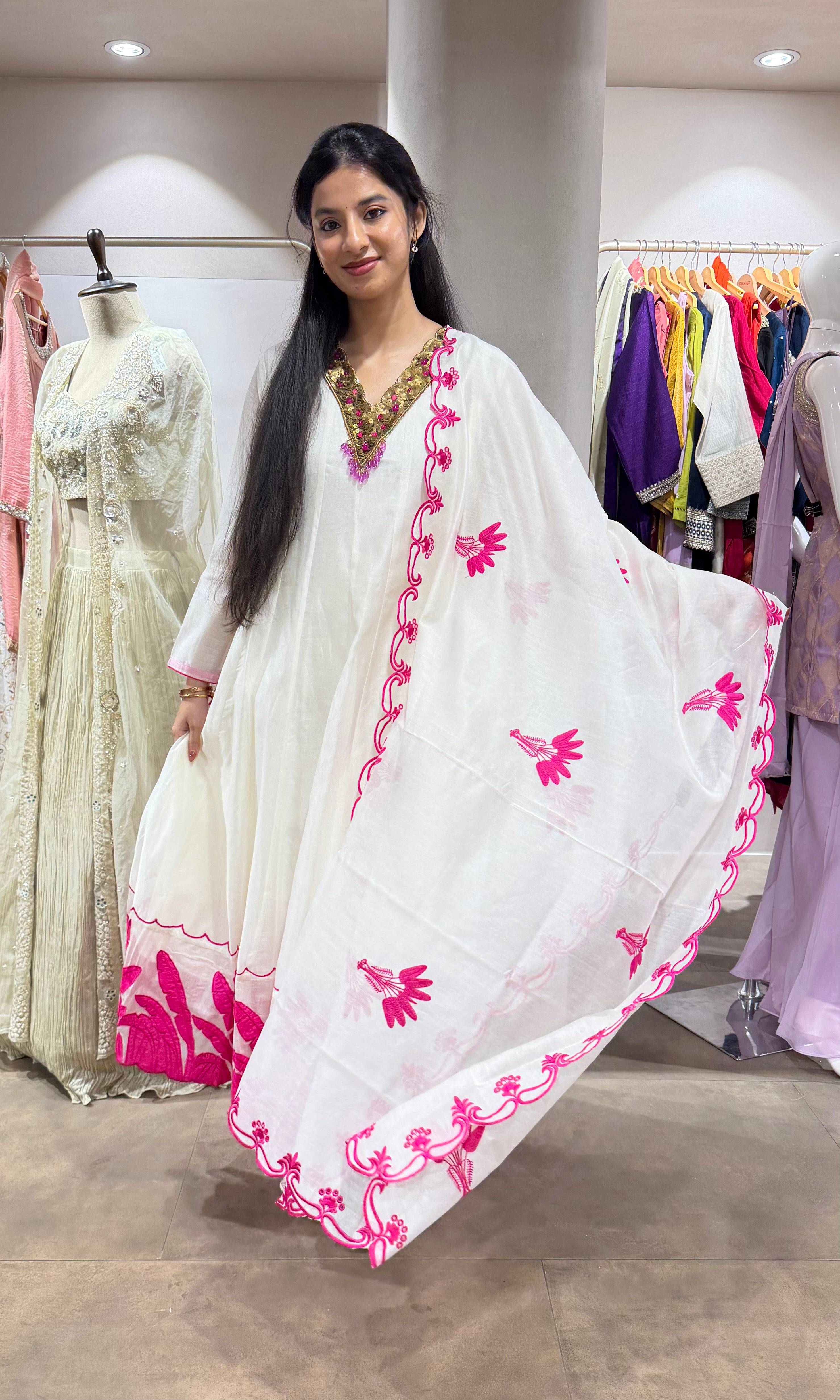 HALF WHITE & PINK ETHNIC ANARKALI SET