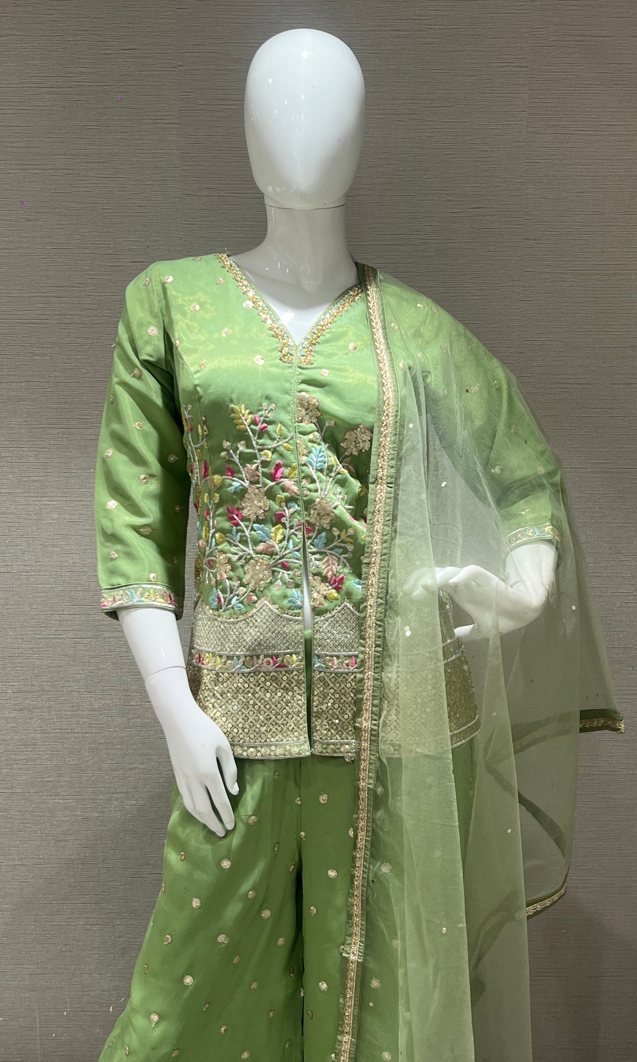 Pista Green Floral Embroidered Palazzo set