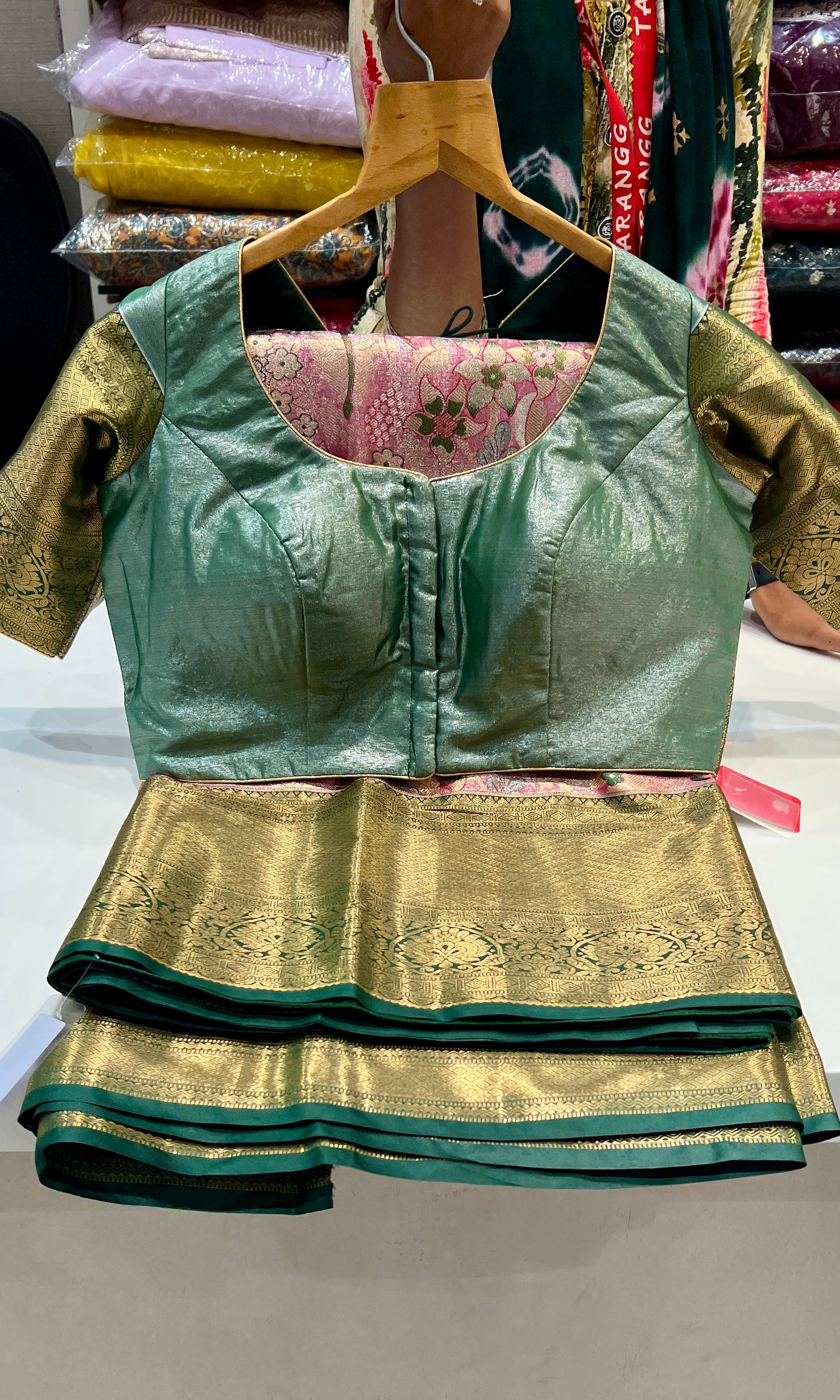 Green and pink saree with ready blouse