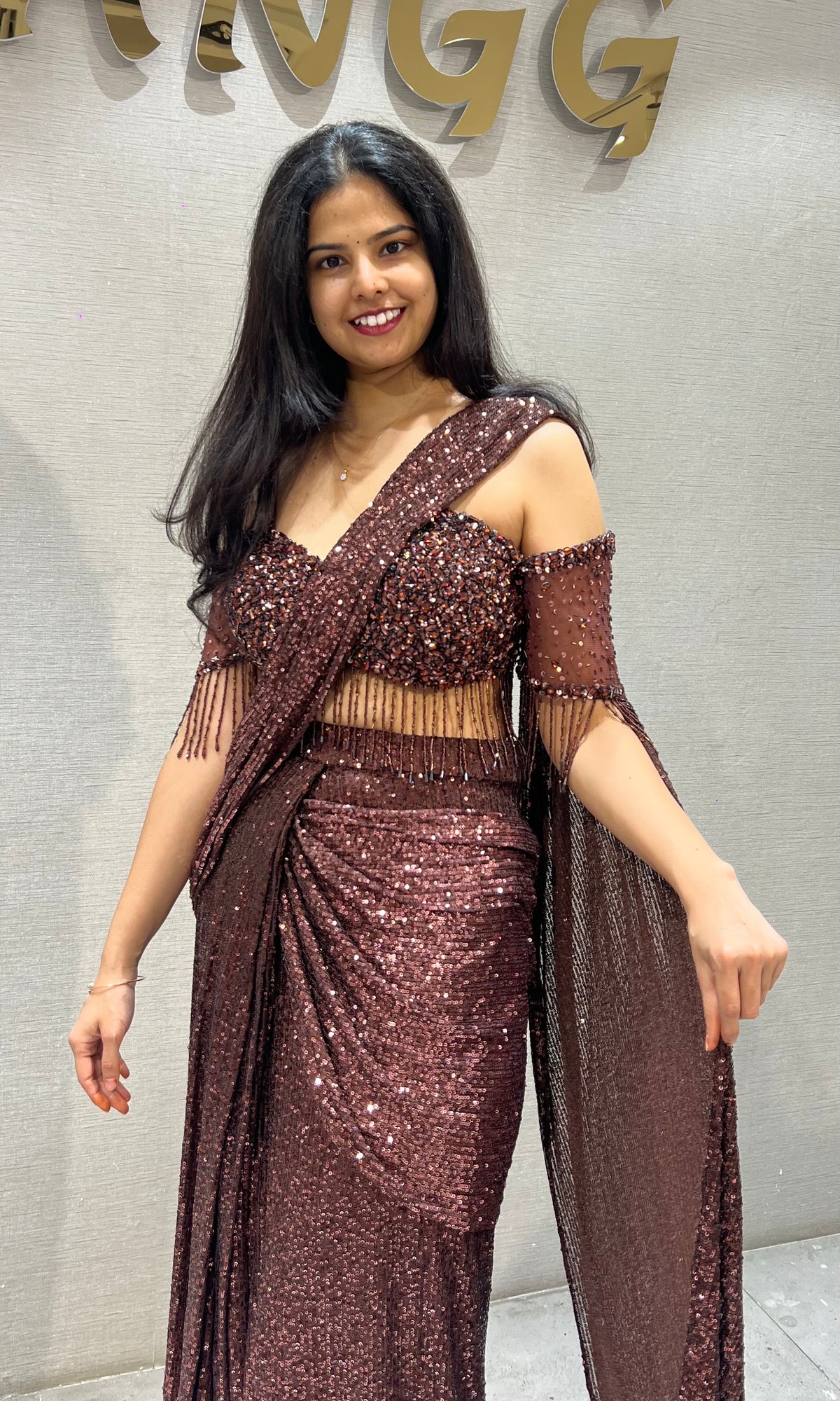 Copper Sequined Draped Saree with Off-Shoulder Blouse