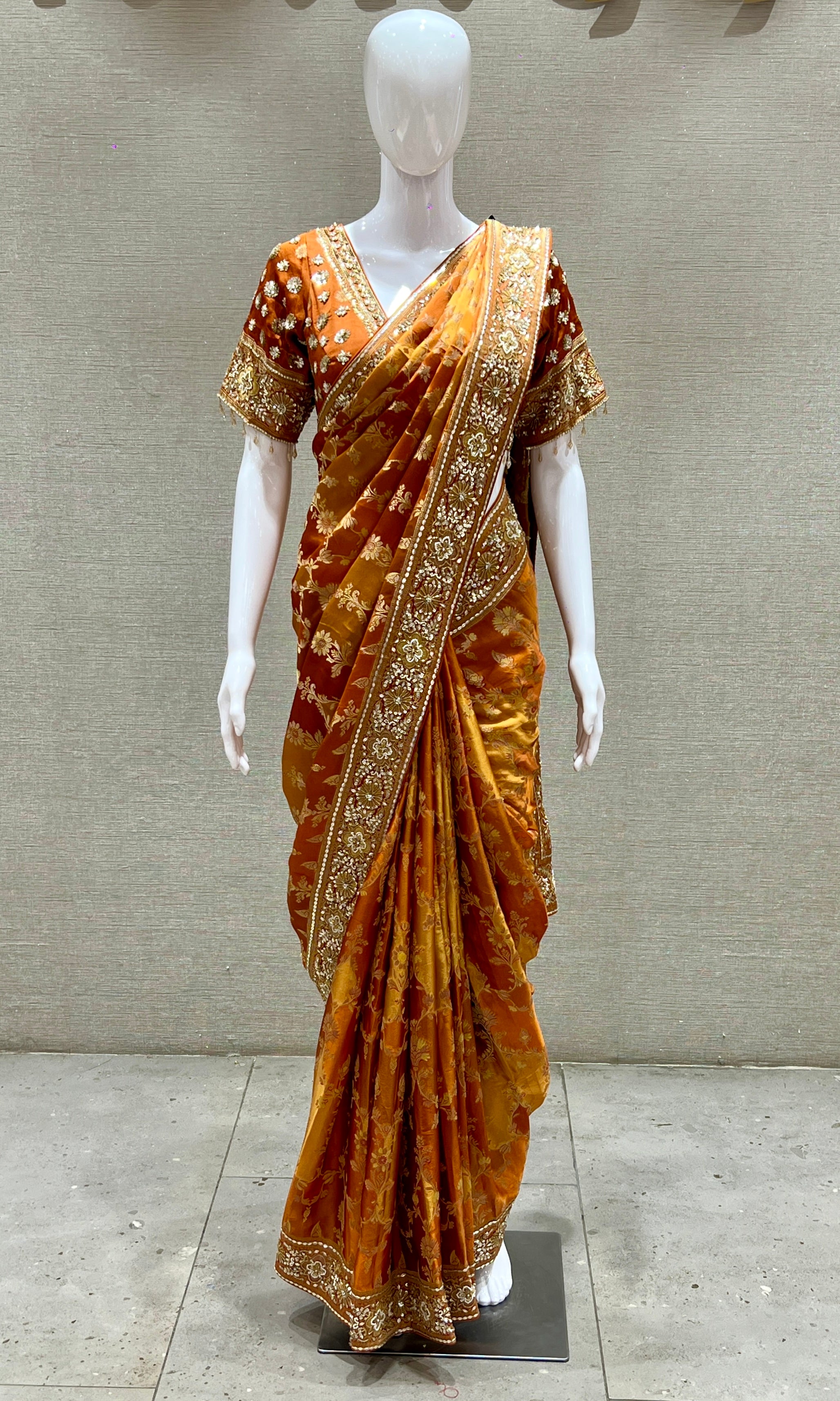 Rust orange saree with ready blouse