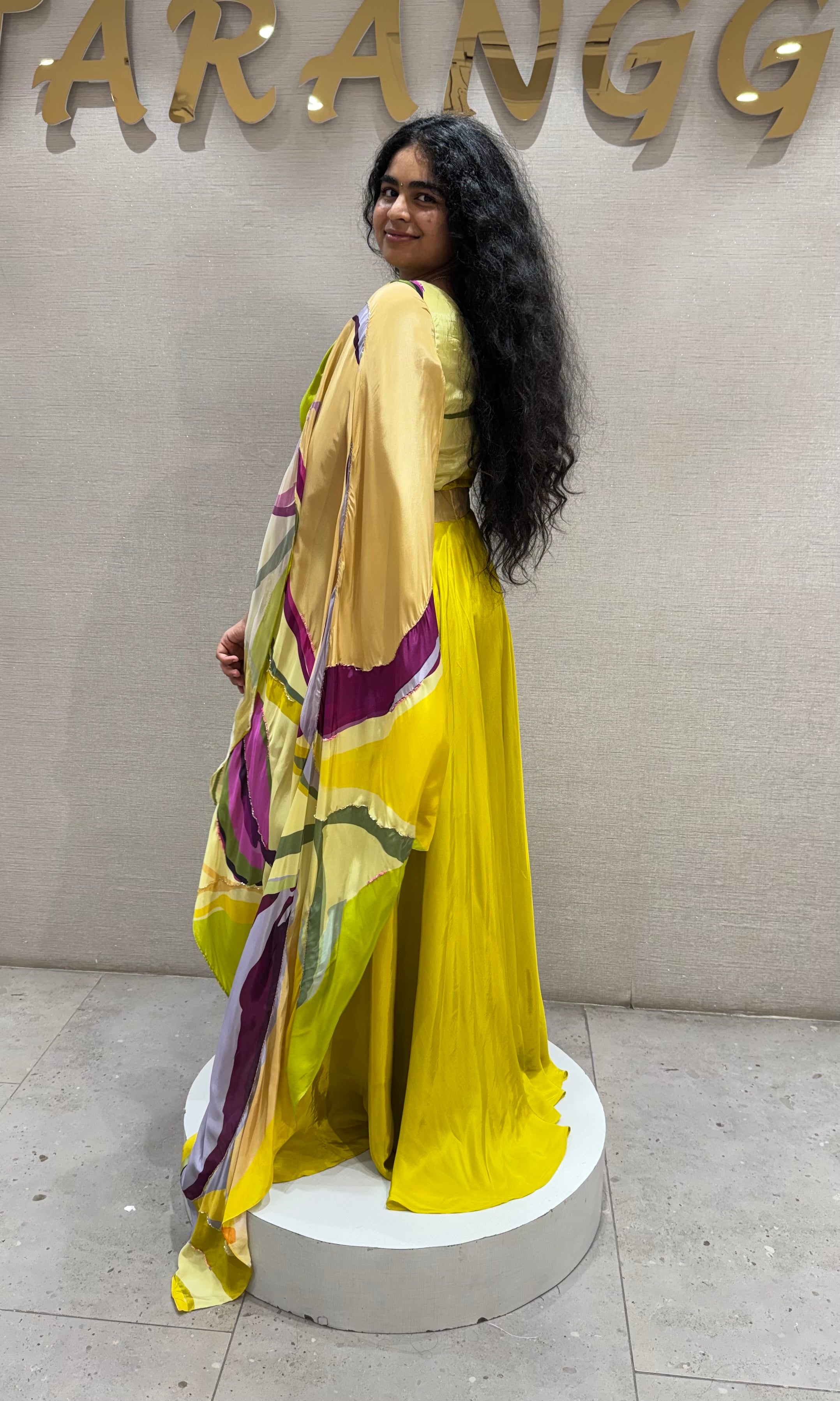 Lemon Green Draped Gown with Belt