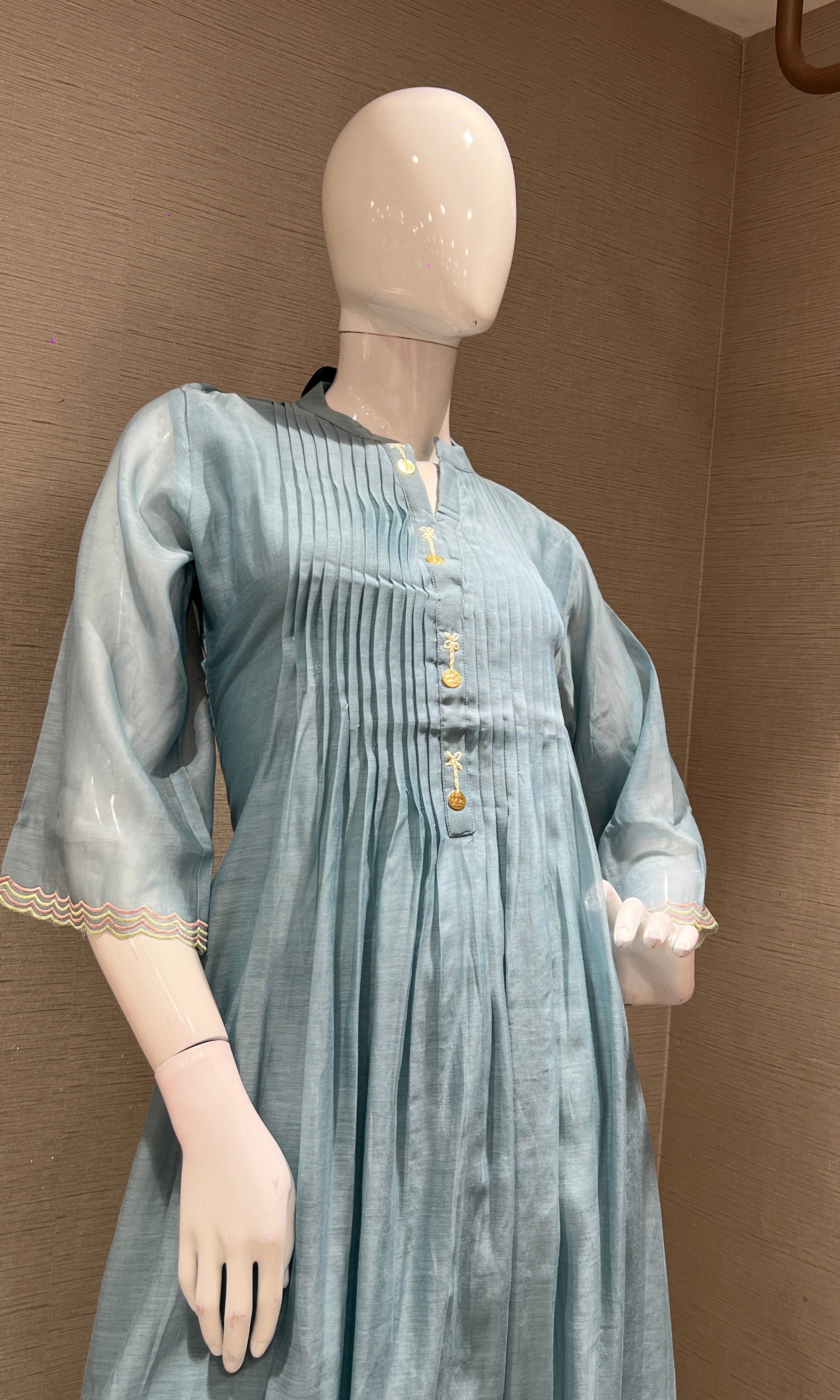 LIGHT blue FLORAL MUL CHANDERI KURTA SET
