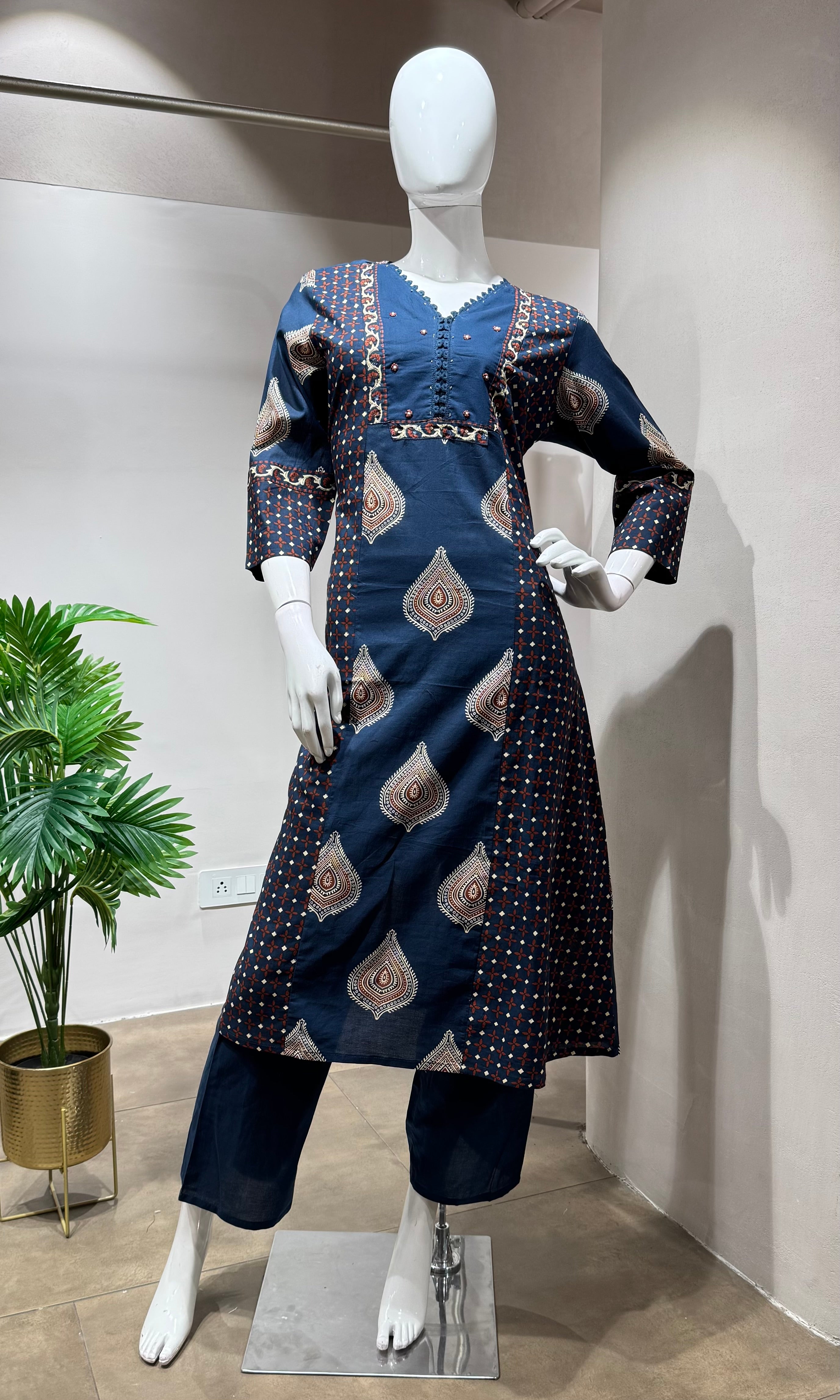 Navy blue block print design kurta set