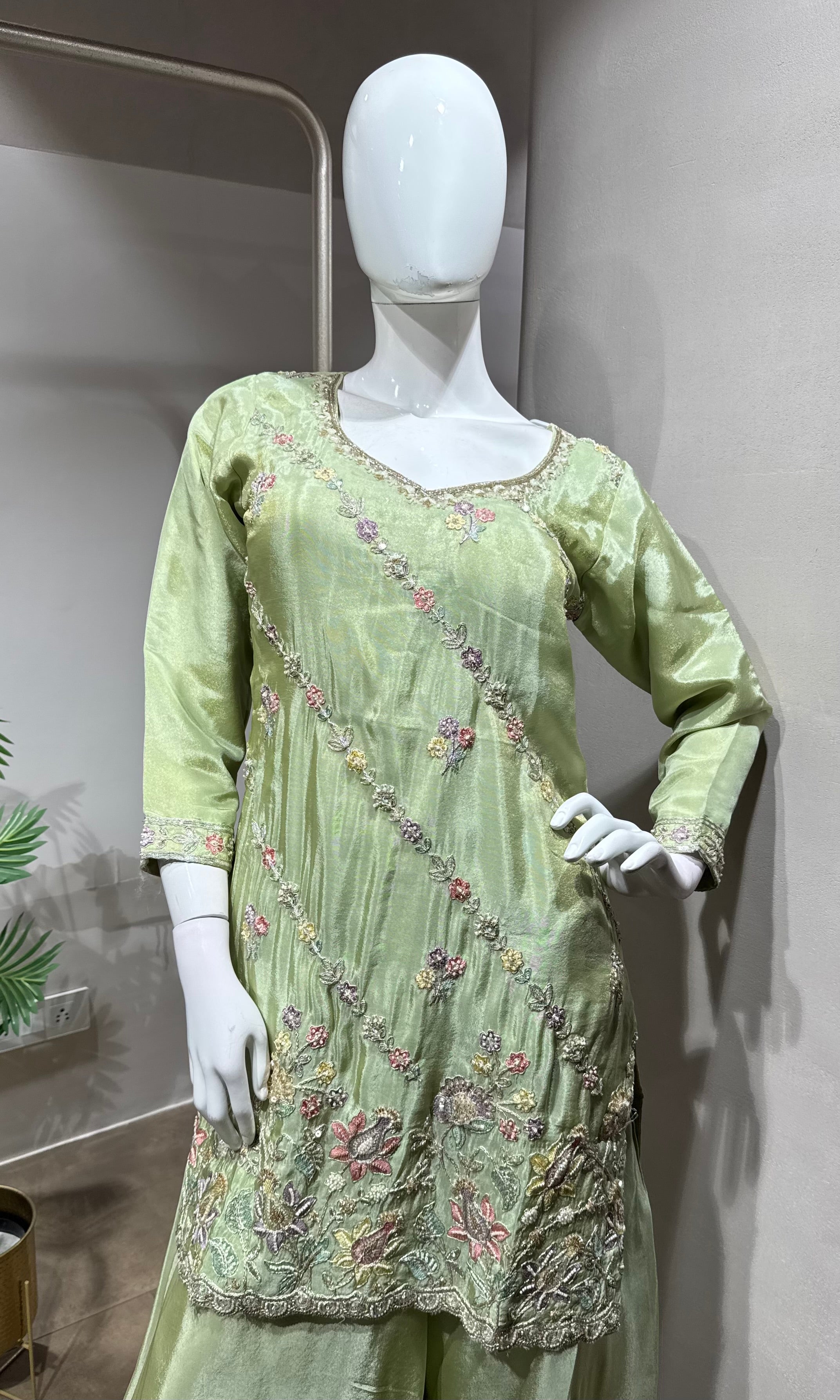 Pista Green Embroidered  Shimmer silk Sharara Set