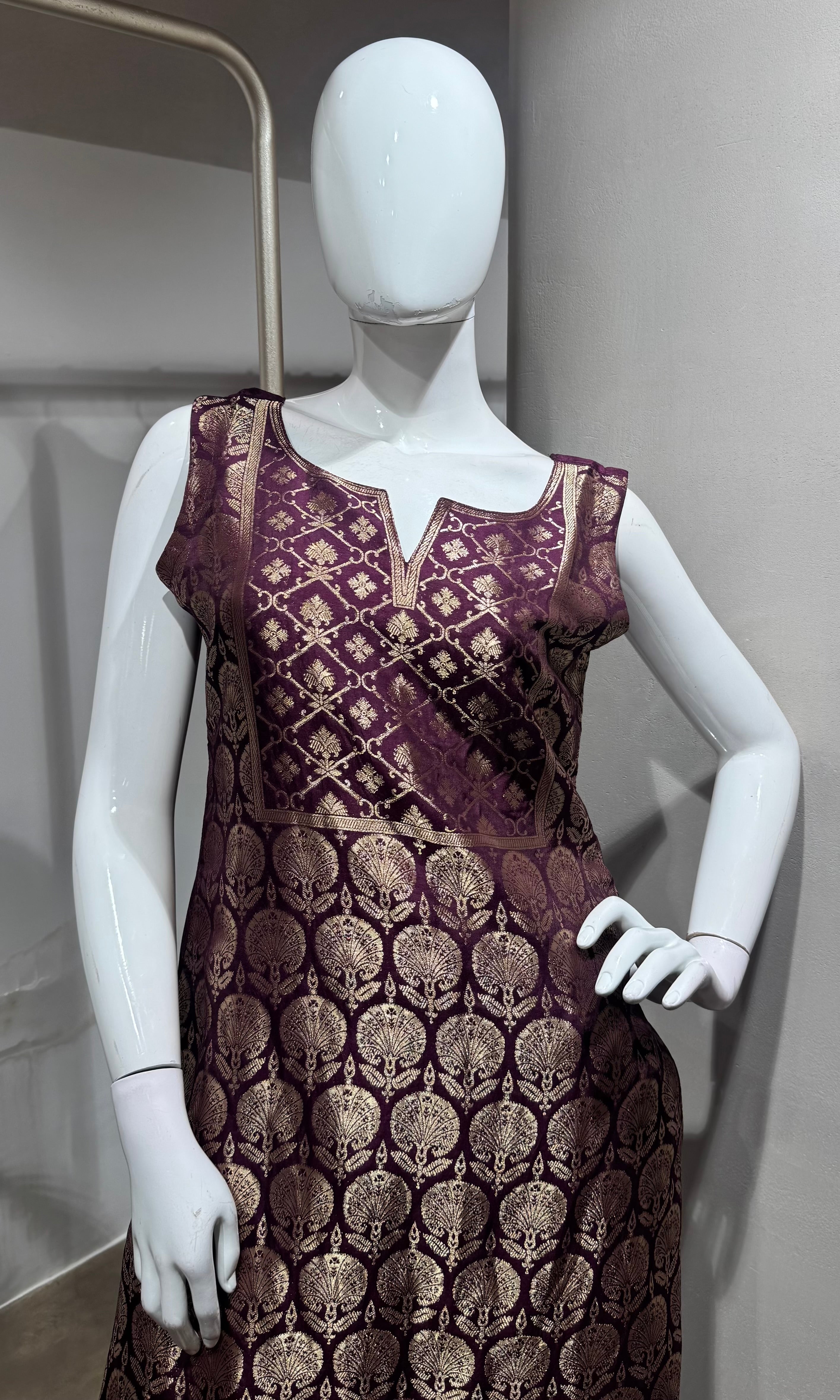 Wine golden banarasi kurta set