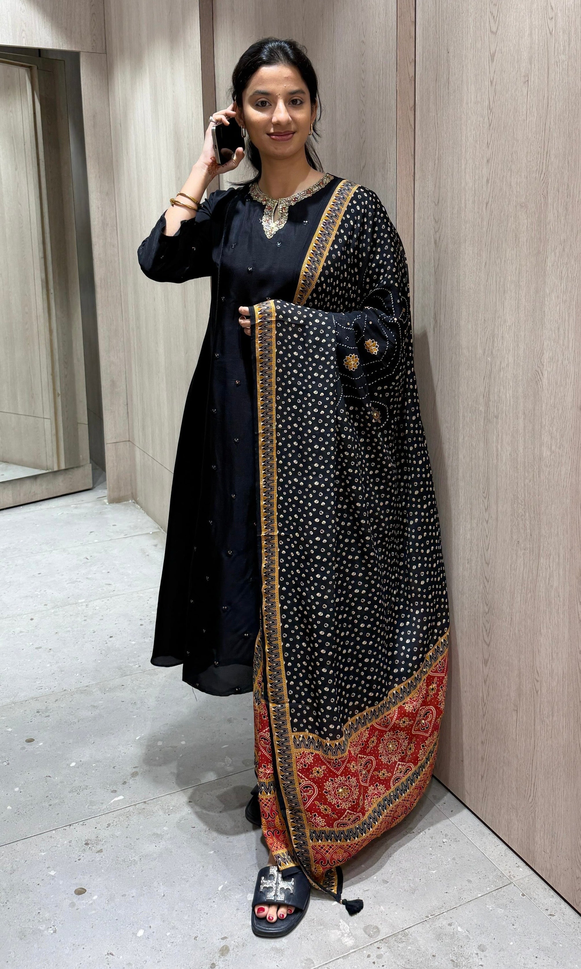 black embroidered neckline kurta set