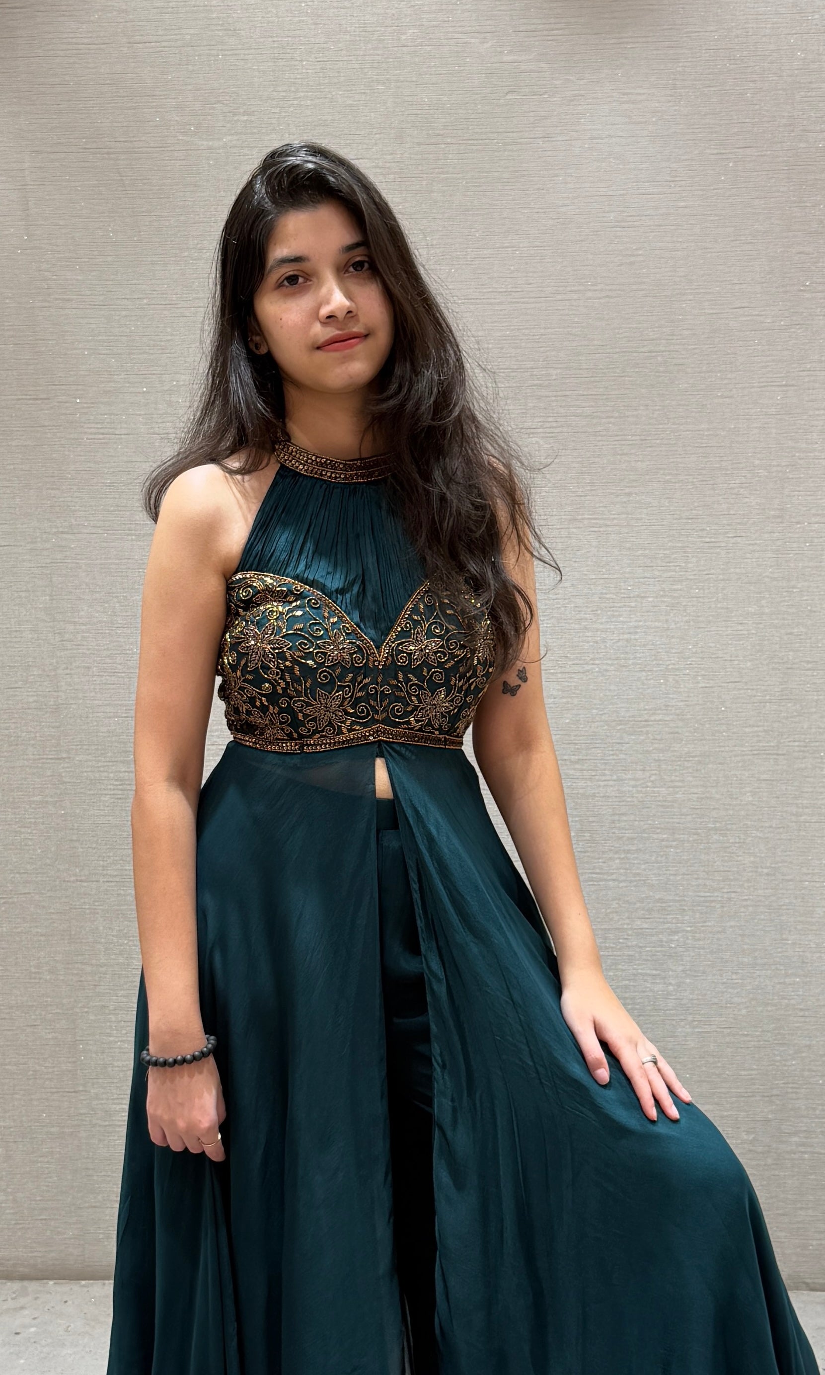 Peacock blue halter neck front silt gown