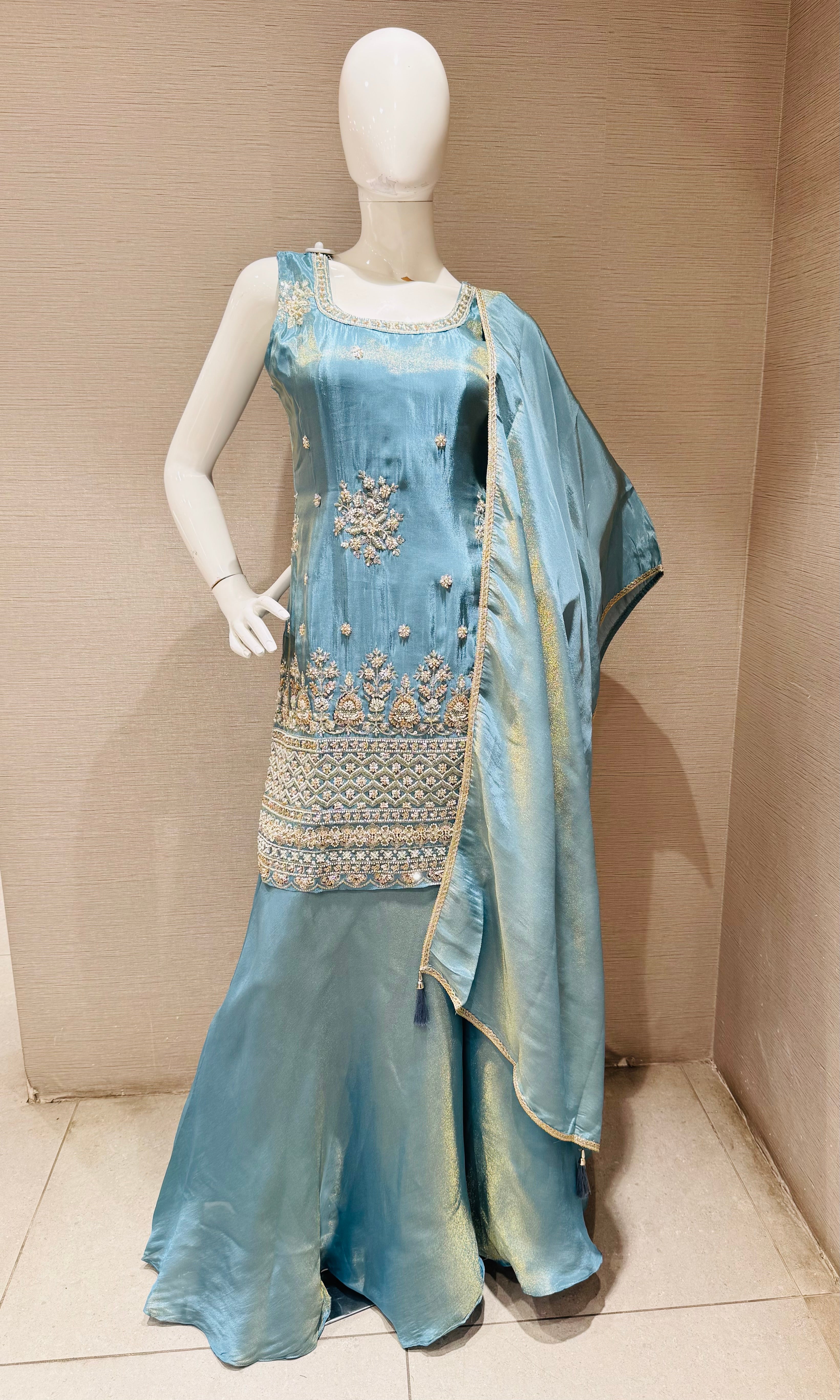 Blue shimmer tissue embroidered sharara set