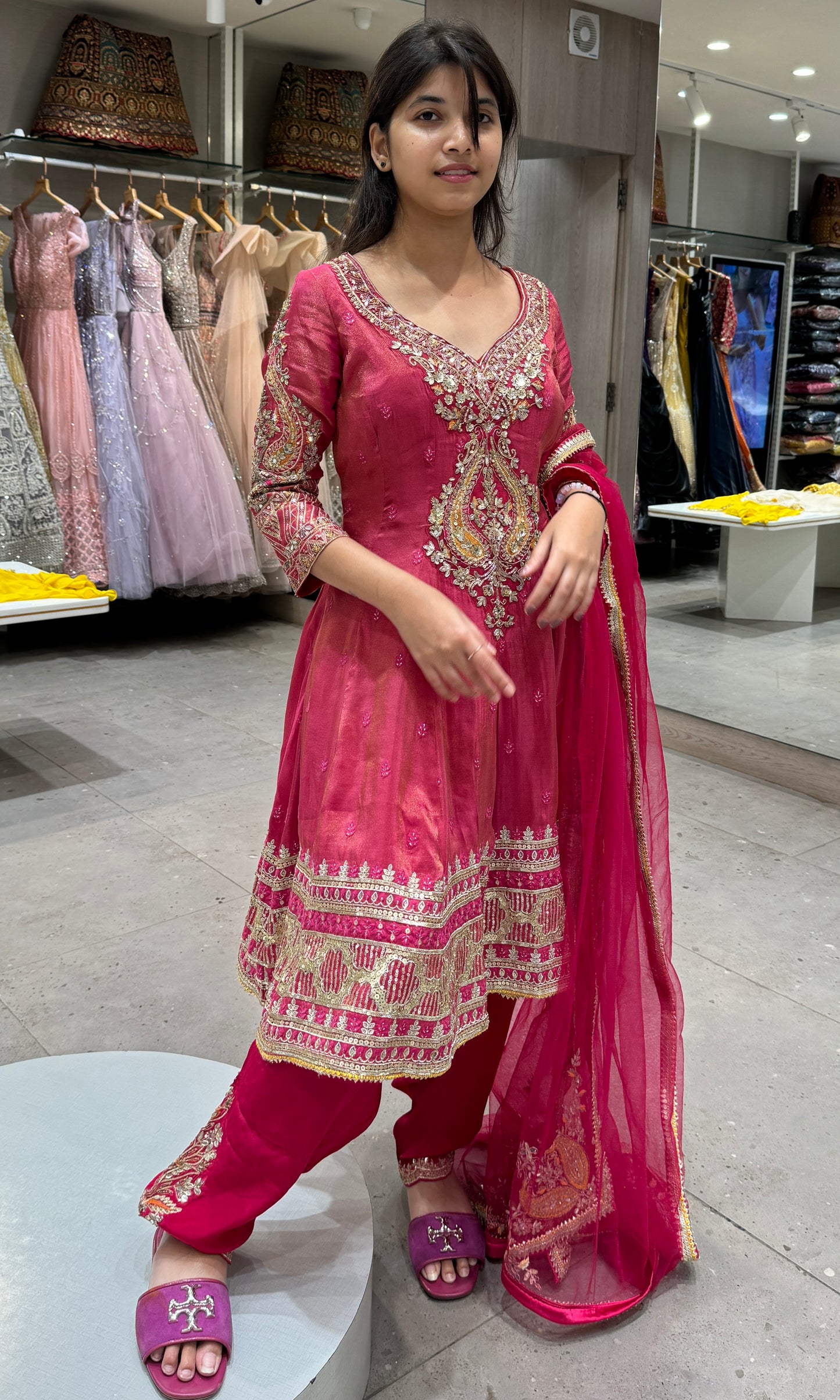 Pink shimmer anarkali Patiala style, long dress