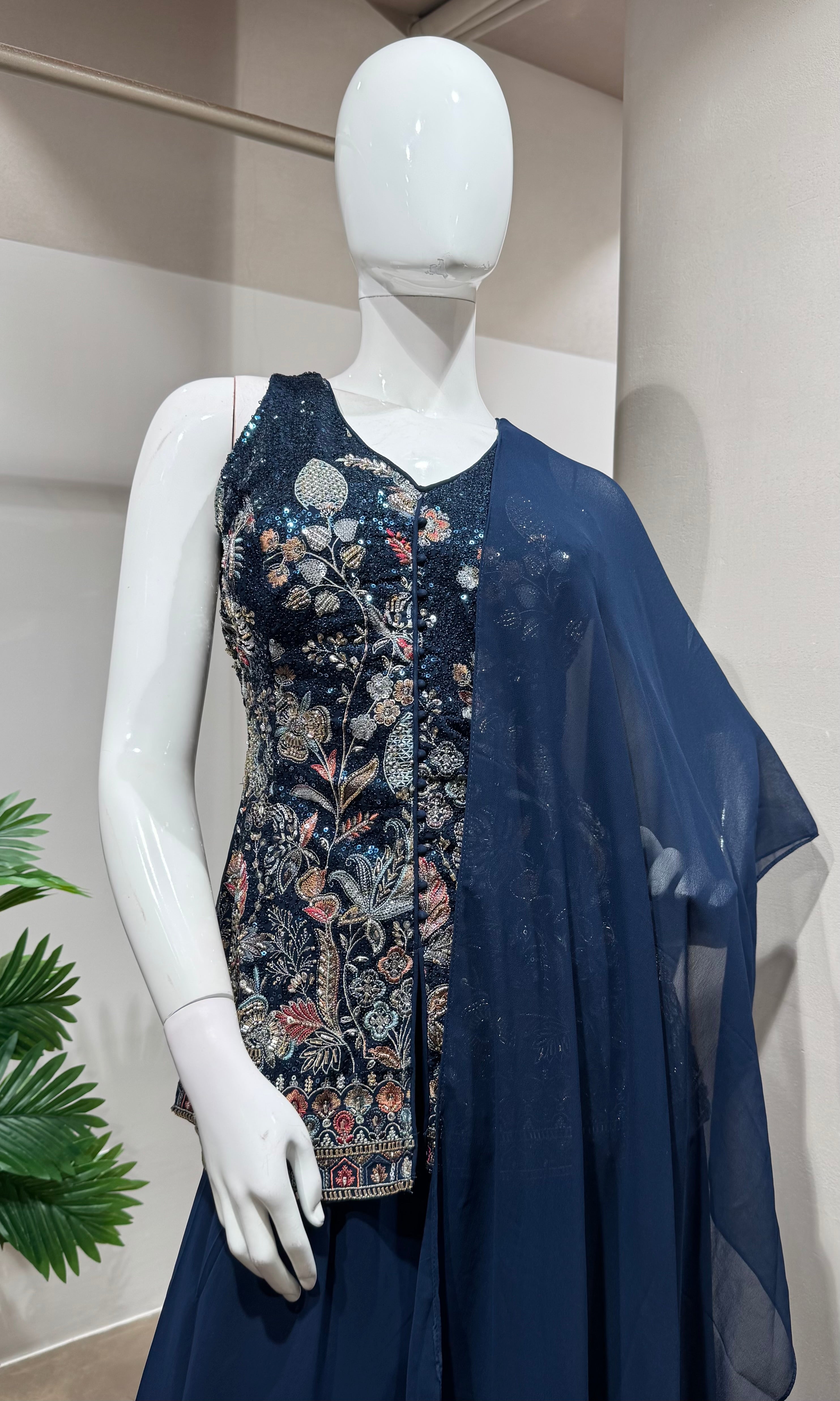 Navy blue georgette sequin palazzo suit