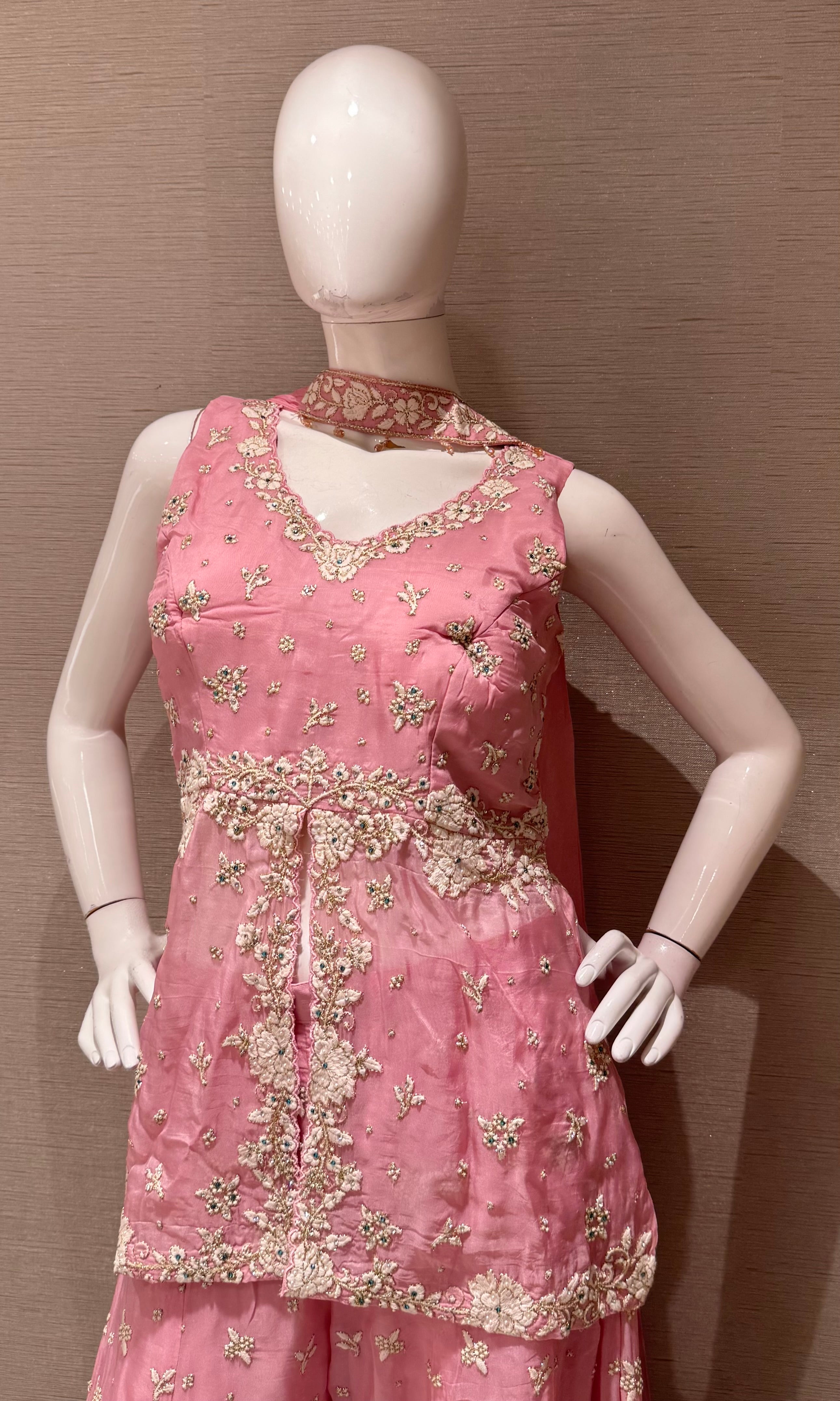 Pink Embellished Palazzo Set with Draped Dupatta