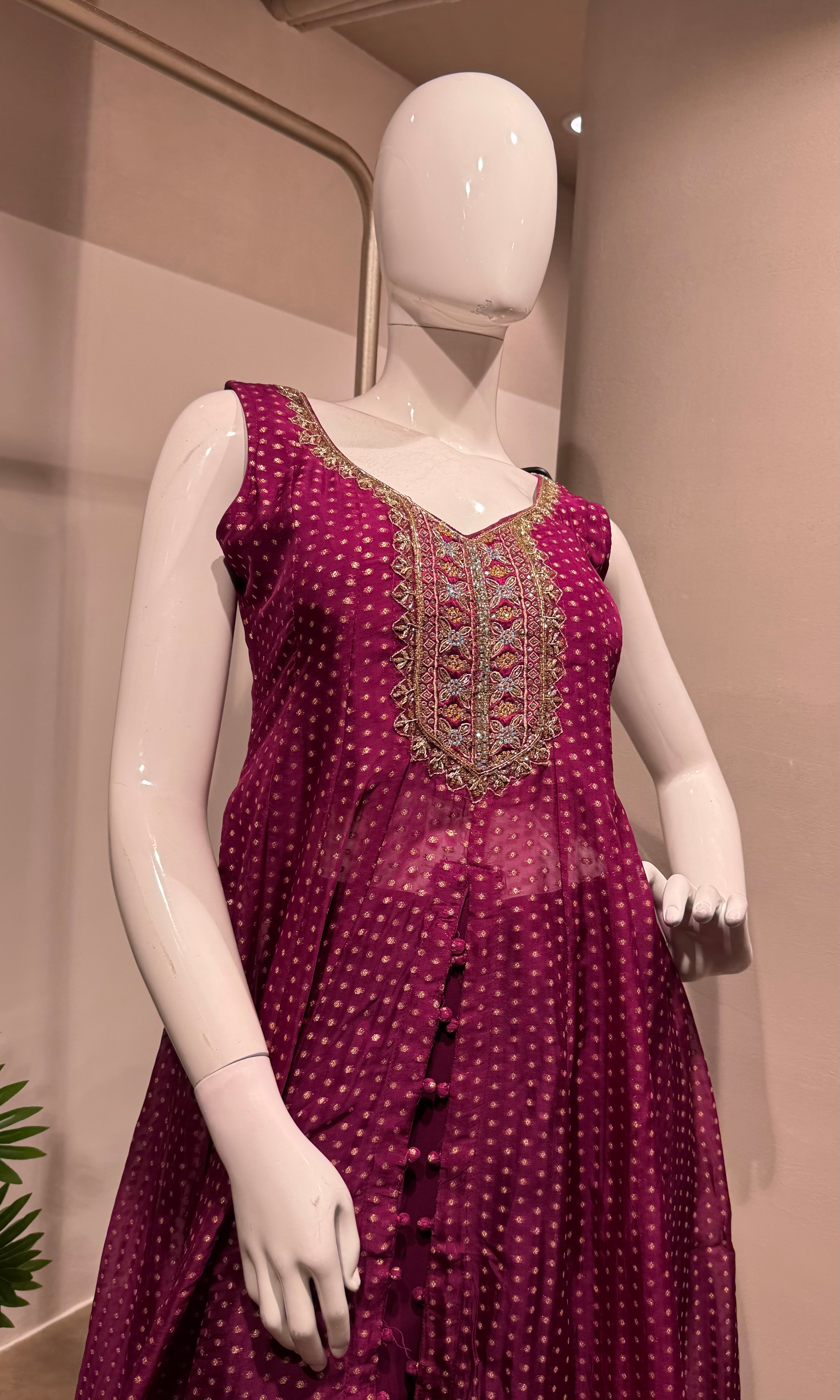 Wine Silk Blend Embroidered ANARKALI  Set