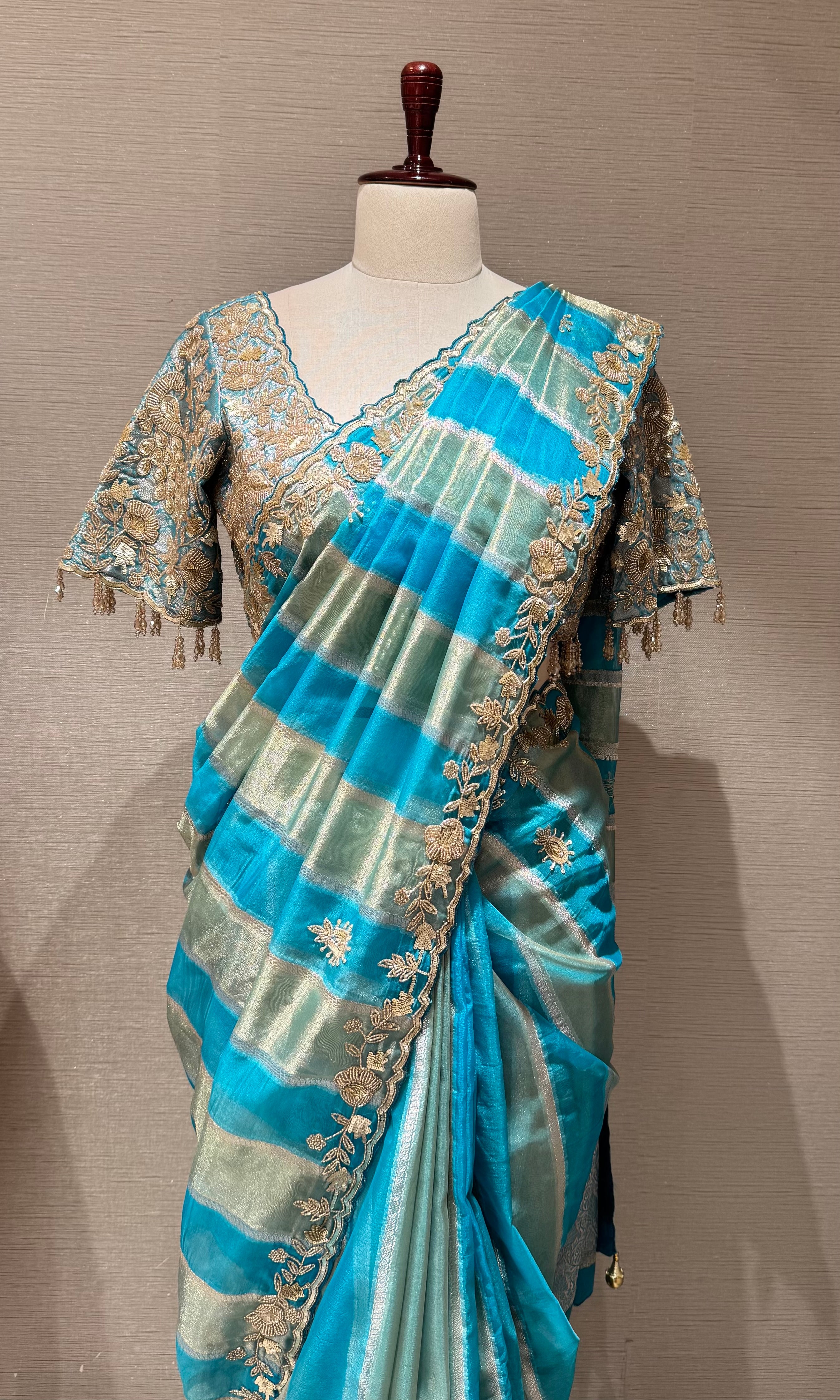 Blue Leheriya saree with embroidered blouse