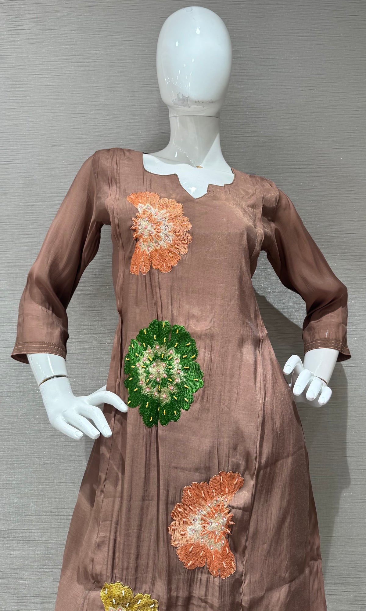 Light Brown cotton silk Floral Motif Kurta set with dupatta