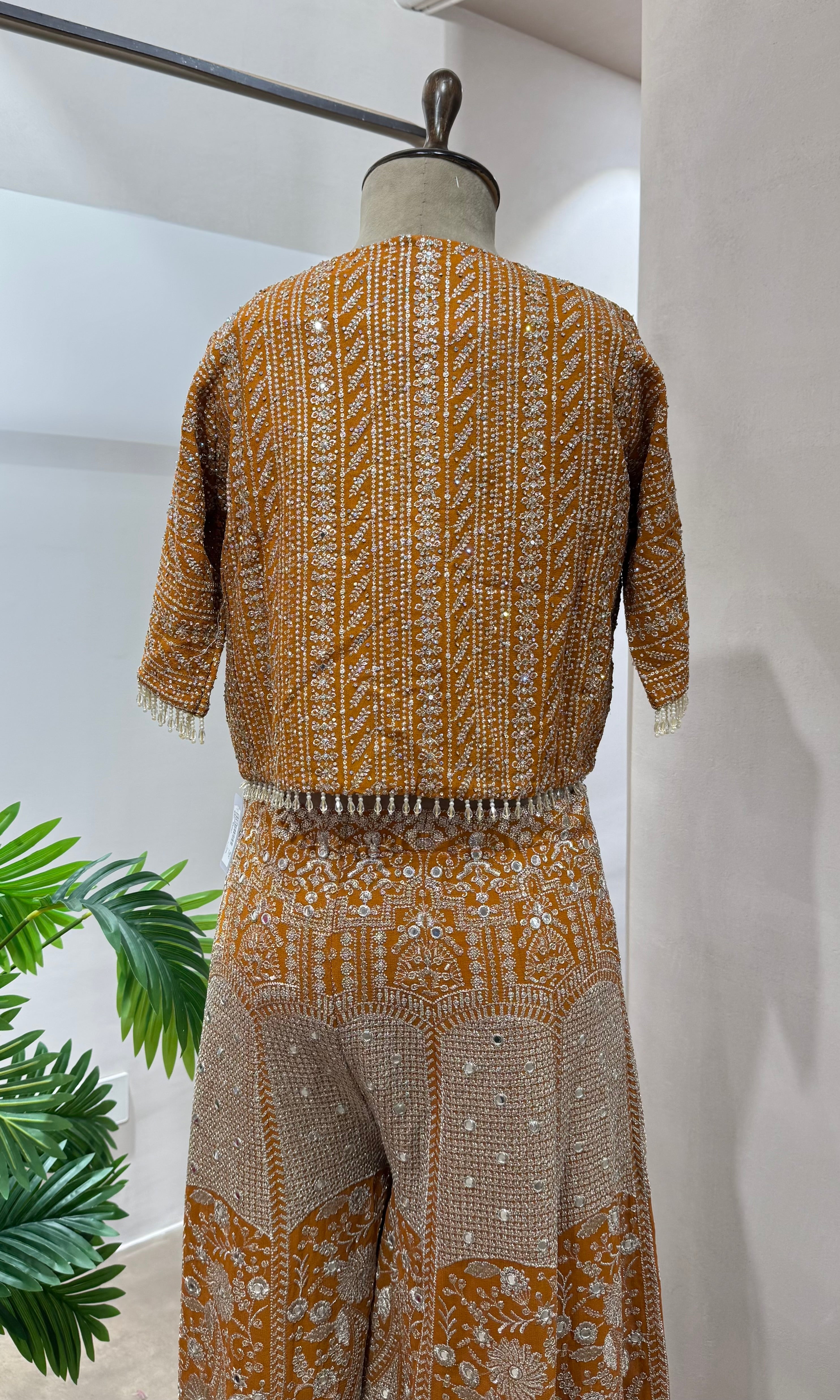 Rust EMBELLISHED PALAZZO SET WITH JACKET