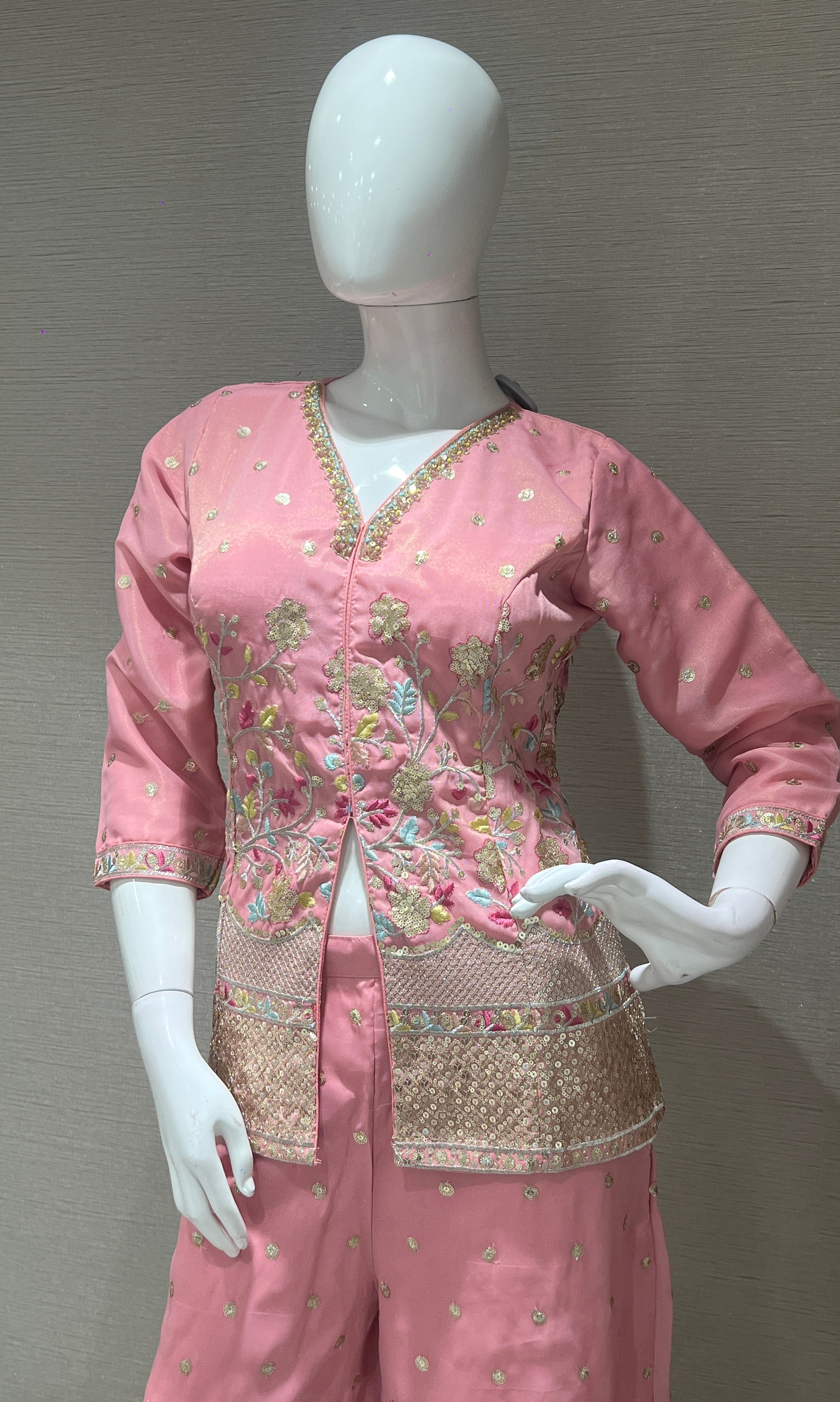 Rose Pink Floral Embroidered Palazzo set