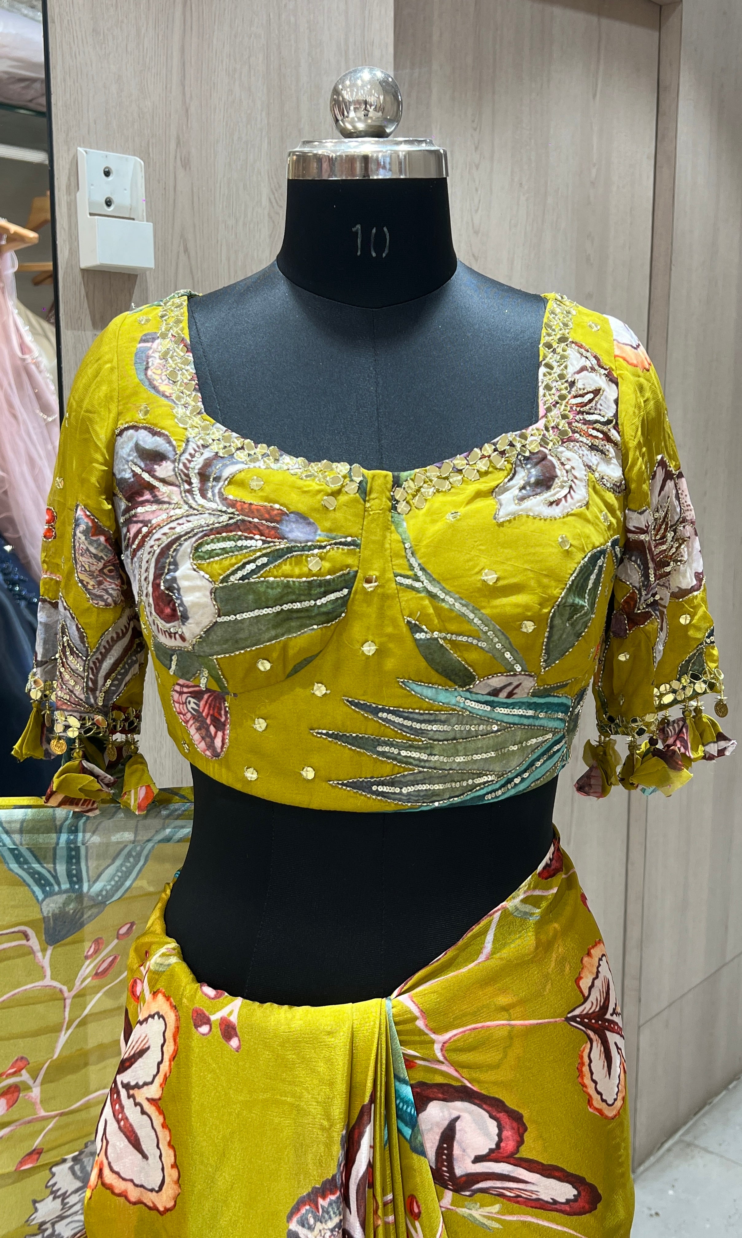 green floral saree with ready blouse