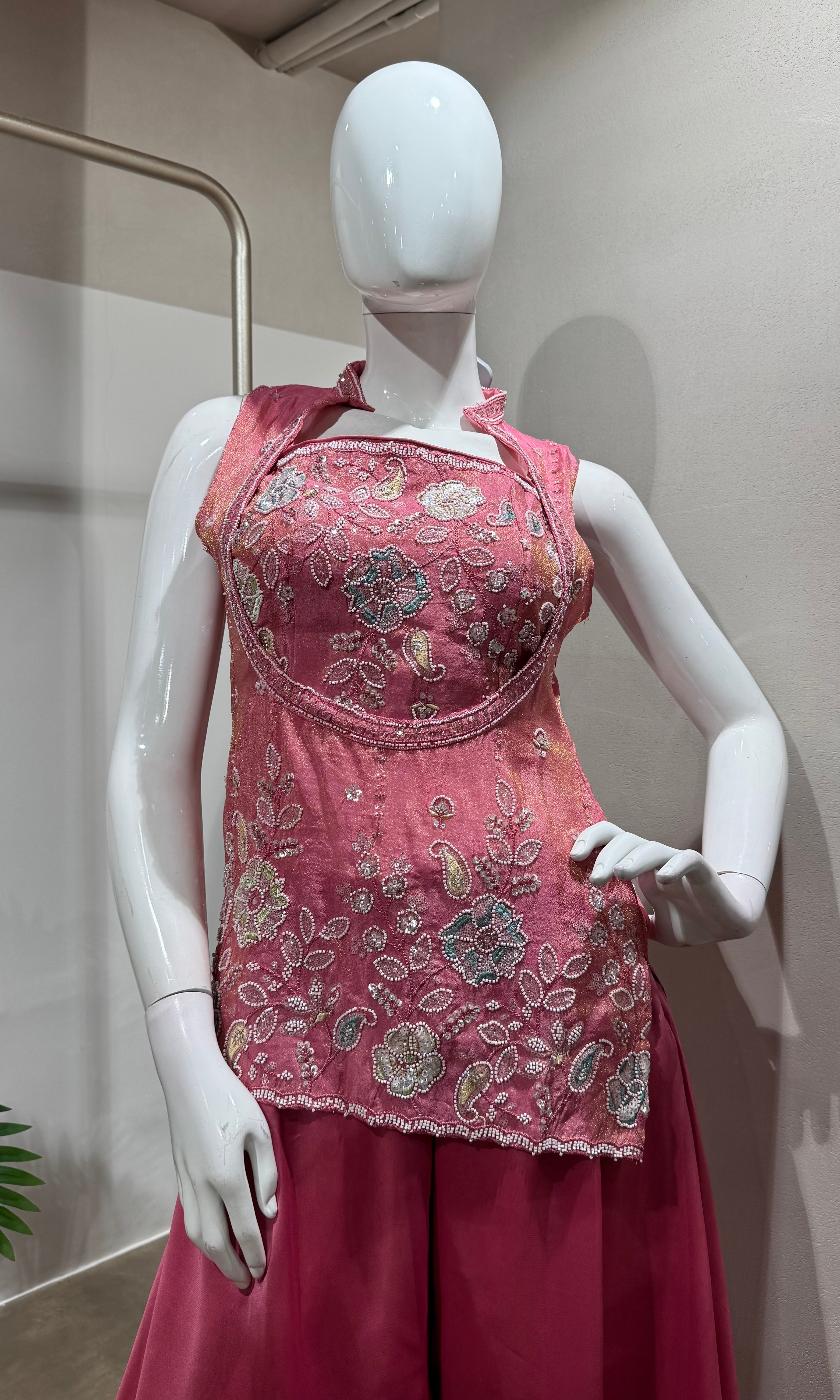 Pink Embroidered Peplum & Palazzo Set