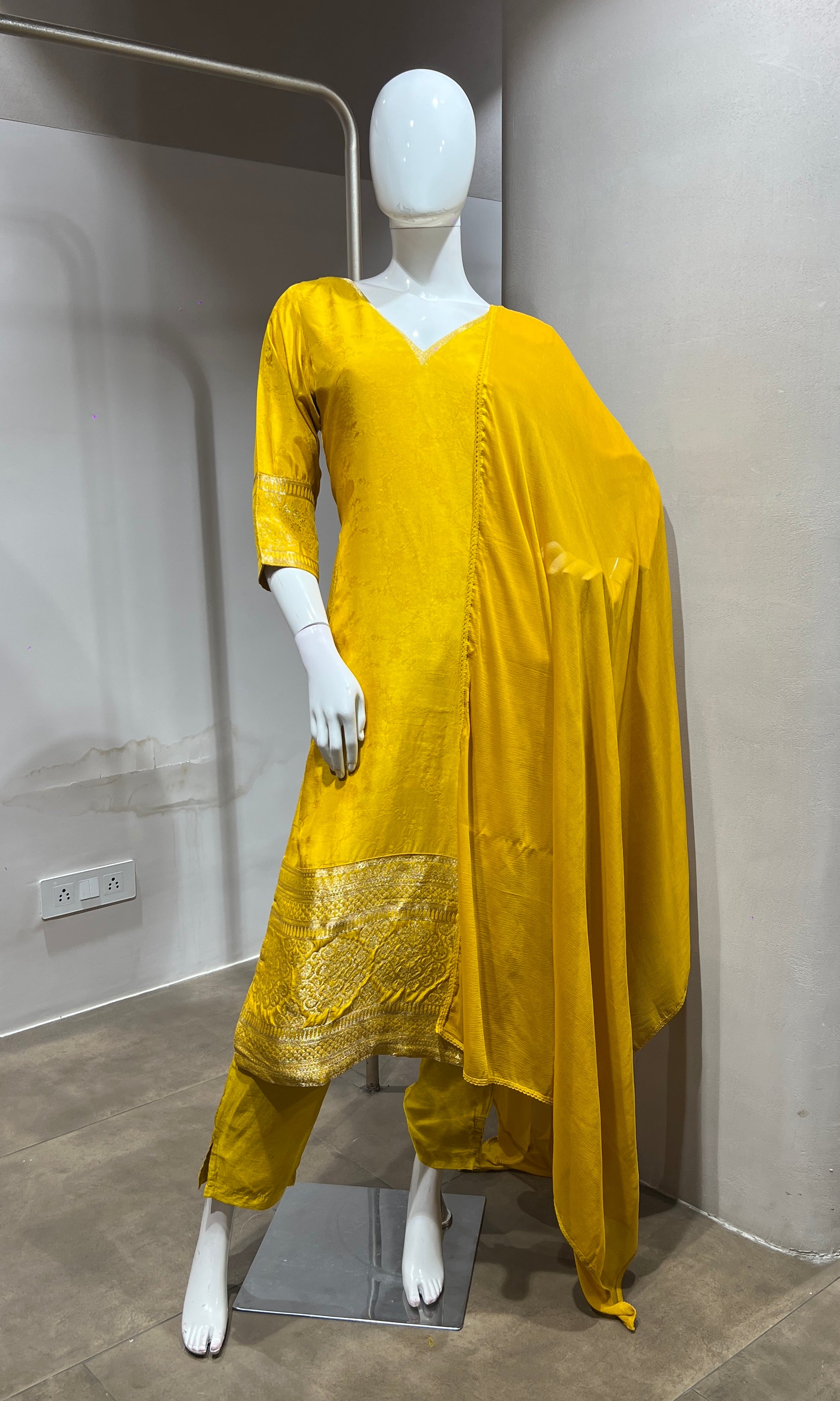 Yellow Silk Straight Kurta Set with Gold Border
