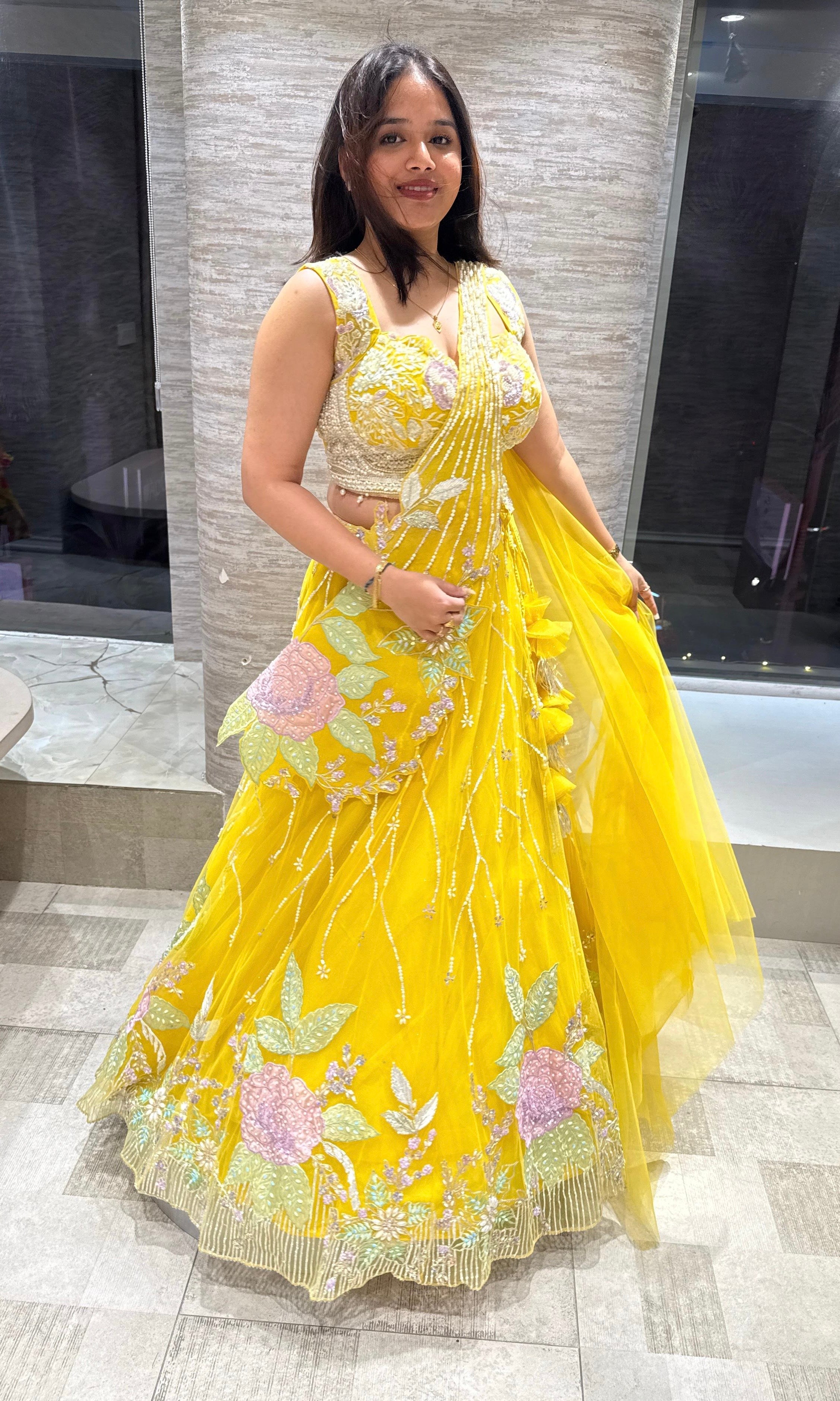 Yellow floral Crystal Embellished Lehenga