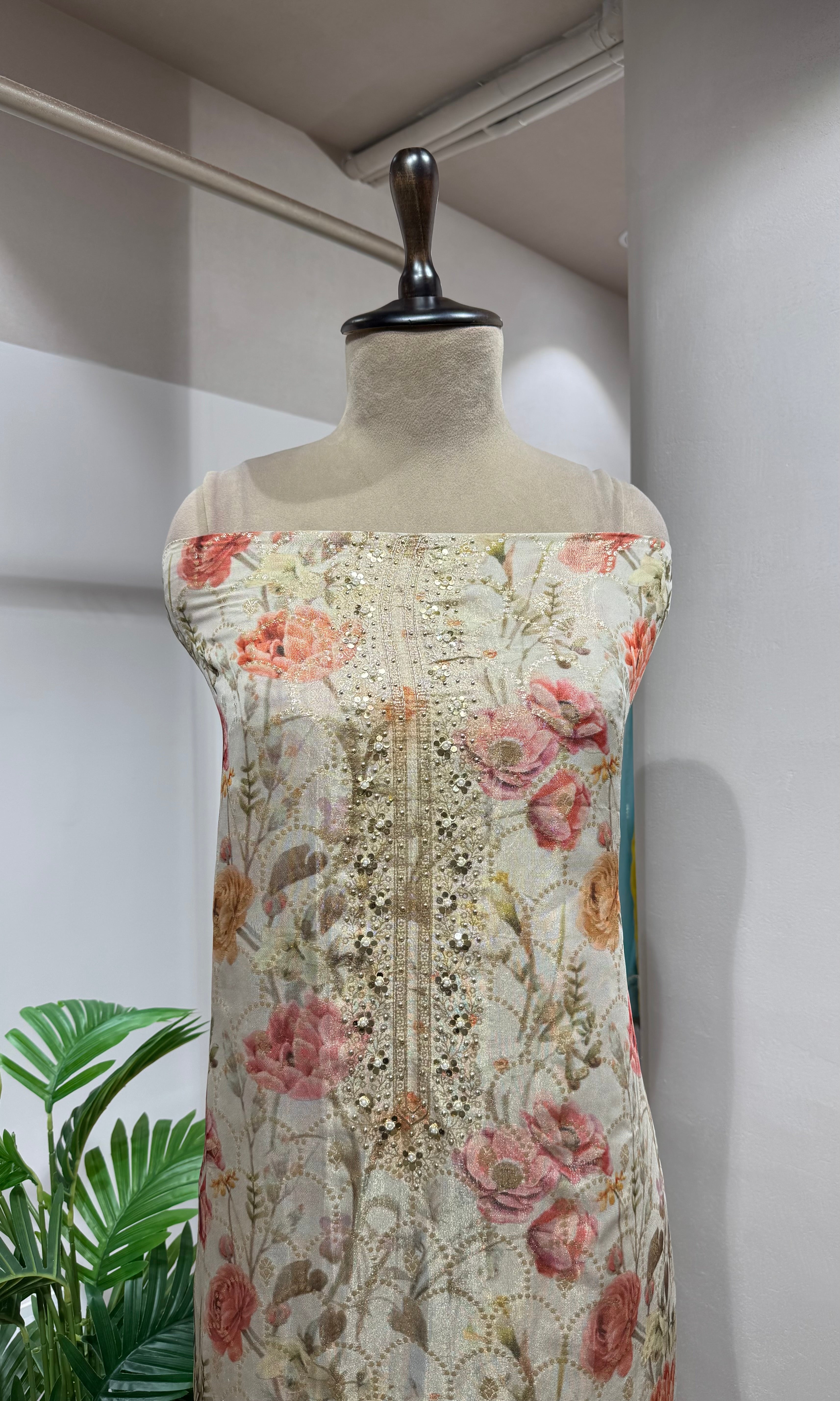 CREAM BANARASI SILK DRESS MATERIAL