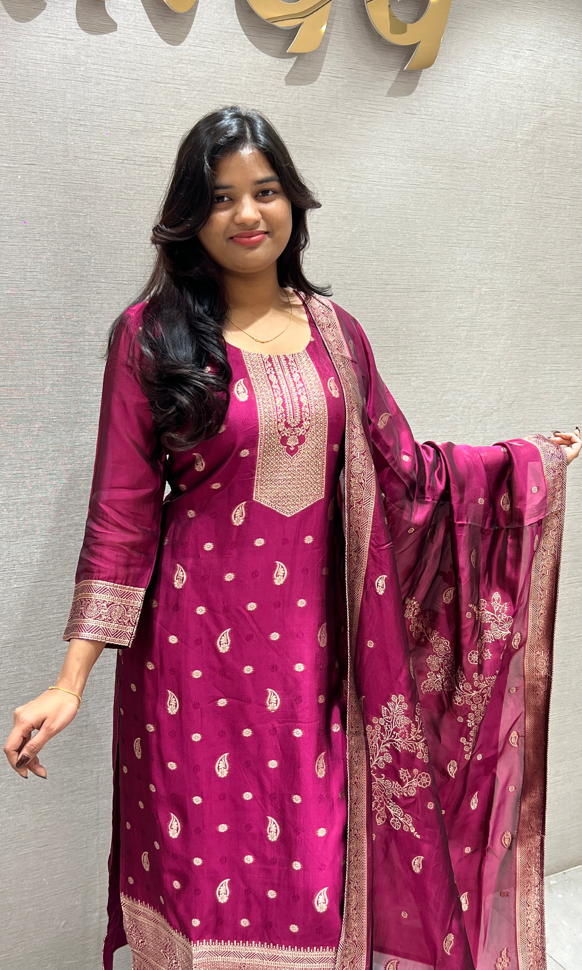 Wine Kurta Set With Gold Embroidery