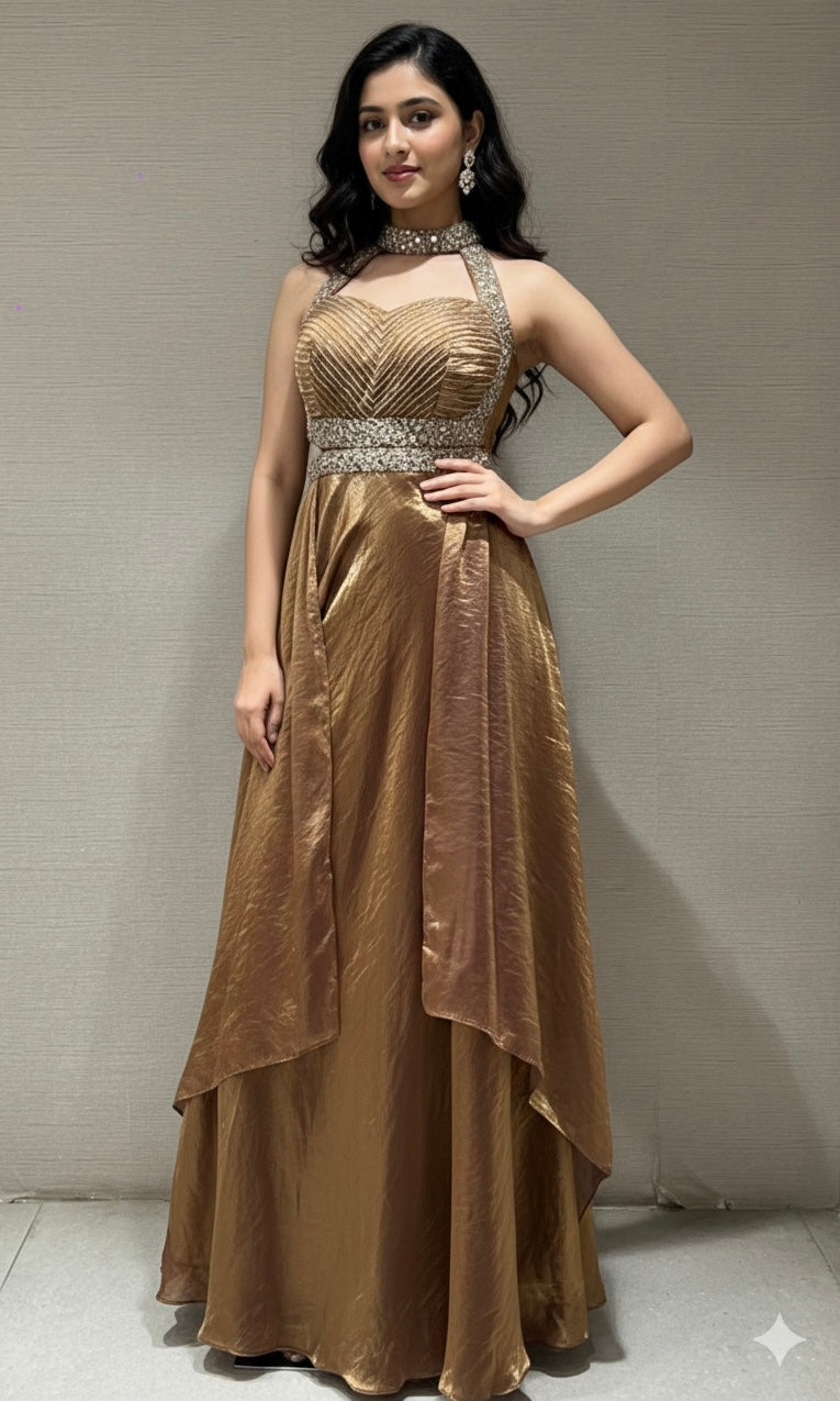 brown AND gold EMBELLISHED JUMPSUIT