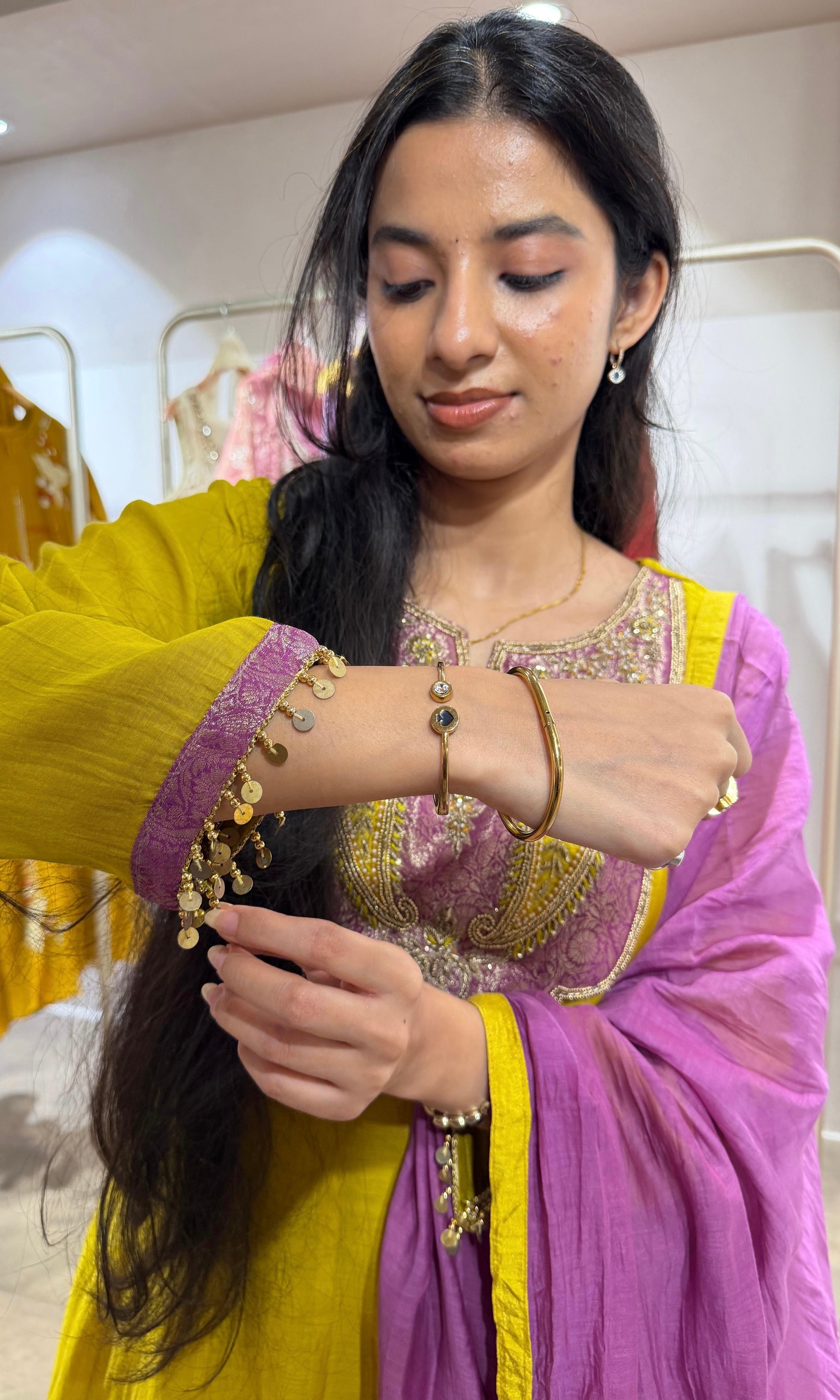 Mustard Anarkali Set with Magenta Dupatta