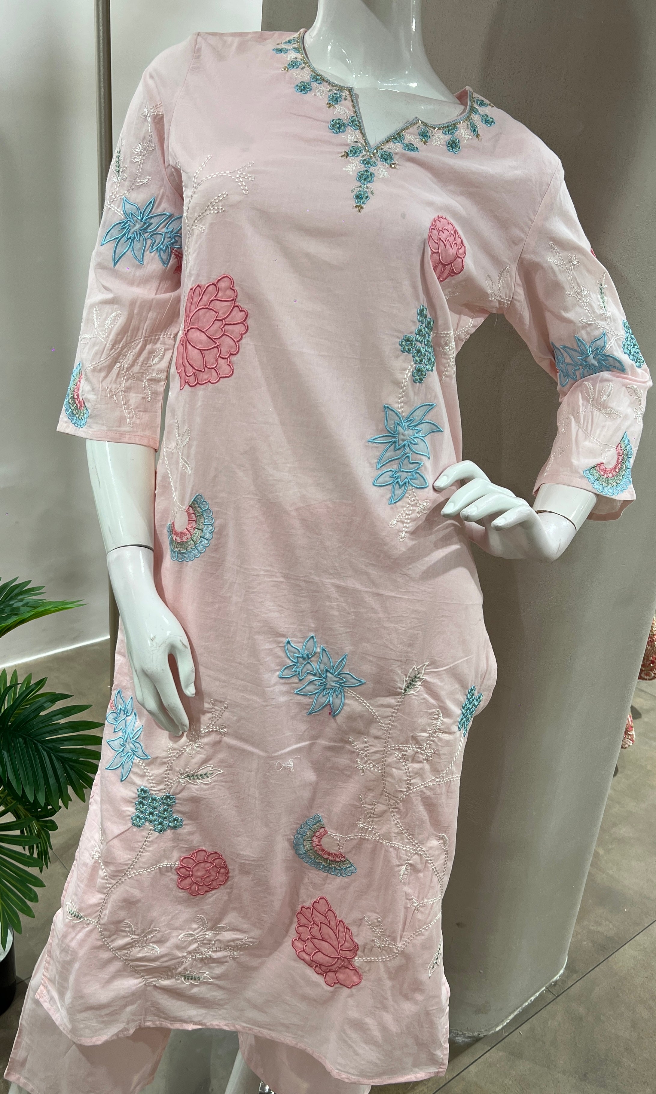 PINK FLORAL MOTIFS COTTON KURTA SET