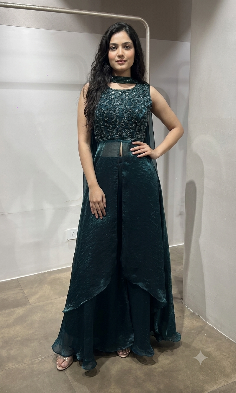 Green front slit layered palazzo set