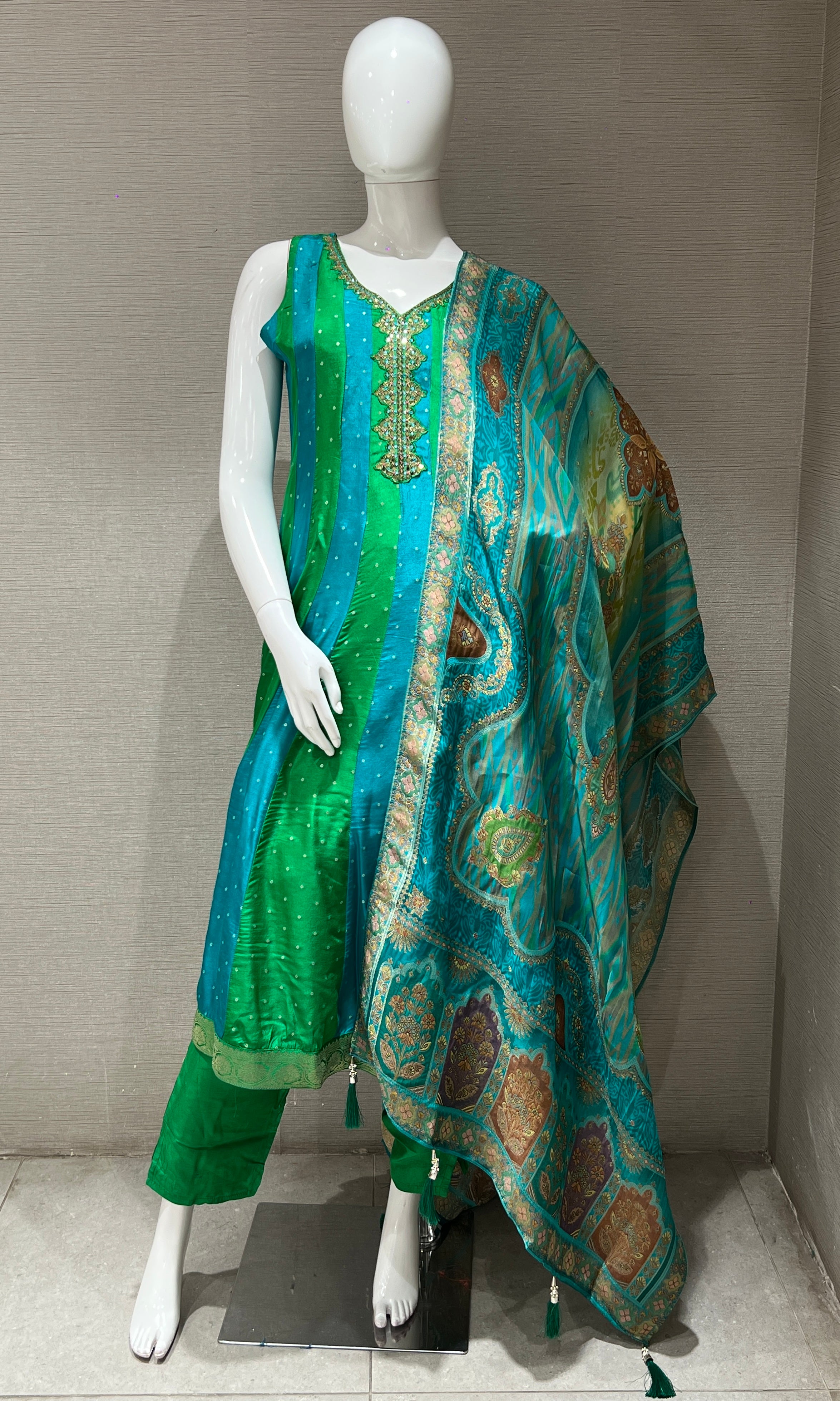 Green Embroidered Anarkali with Contrast Dupatta