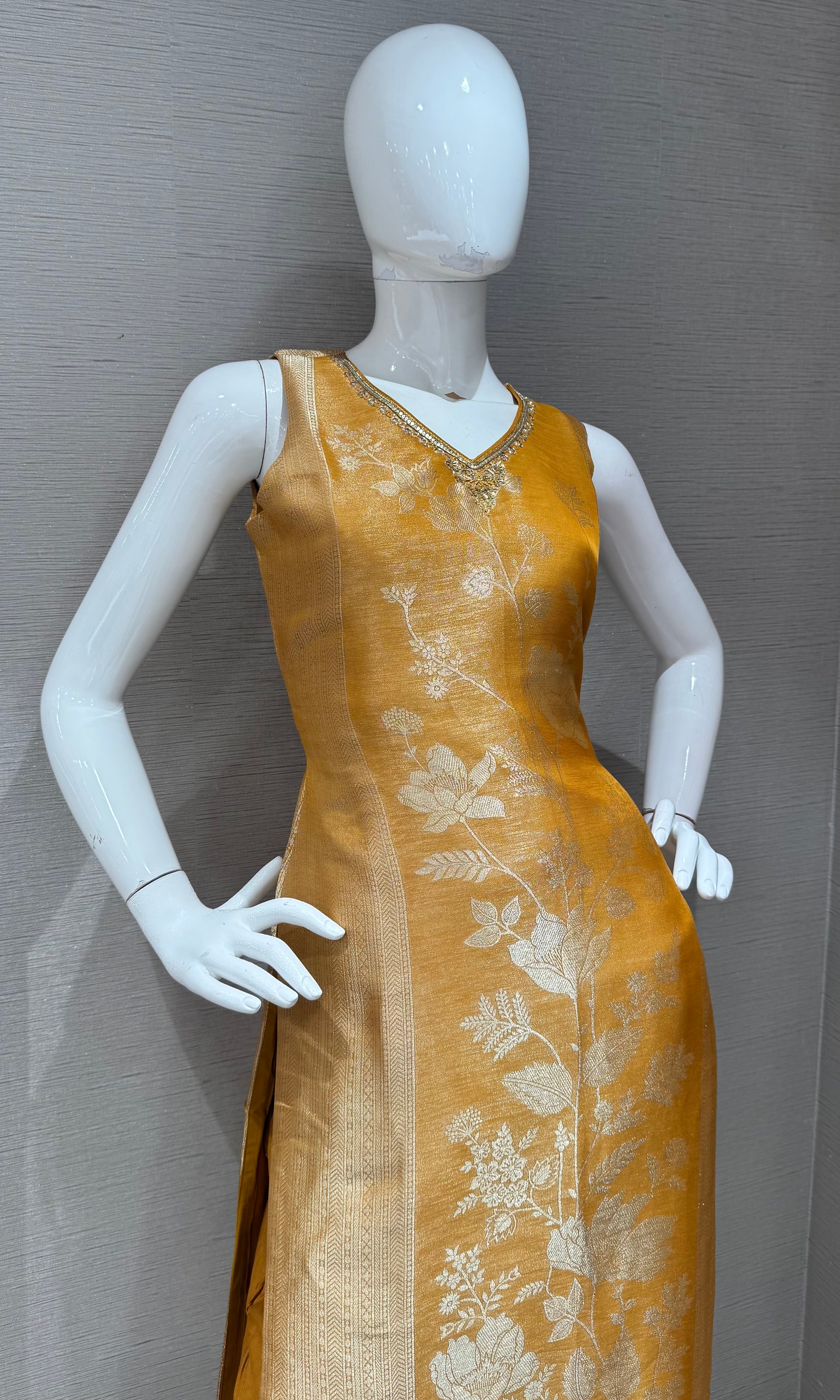 Mustard yellow Banarasi Kurta set with Matching Dupatta