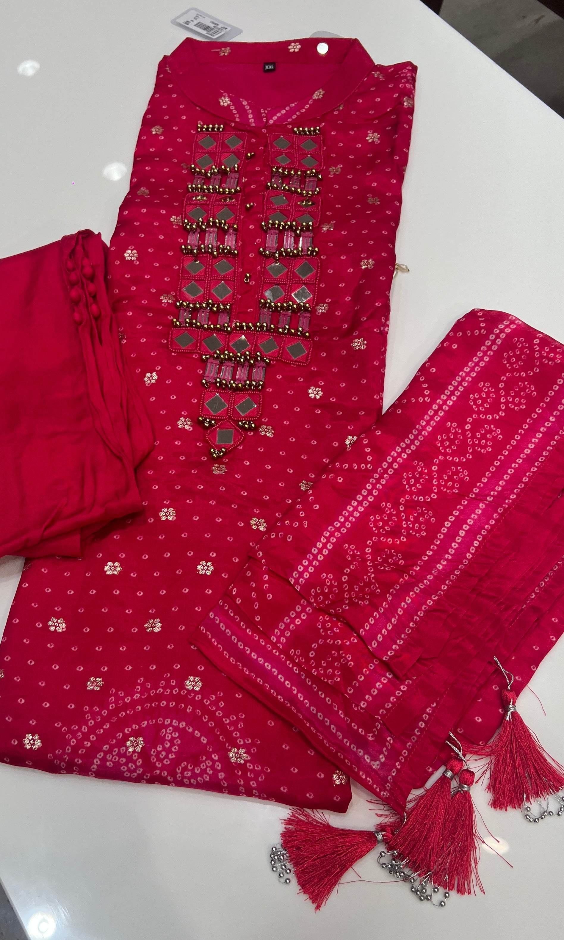 Rani Pink Bandhani Mirror KURTA SET
