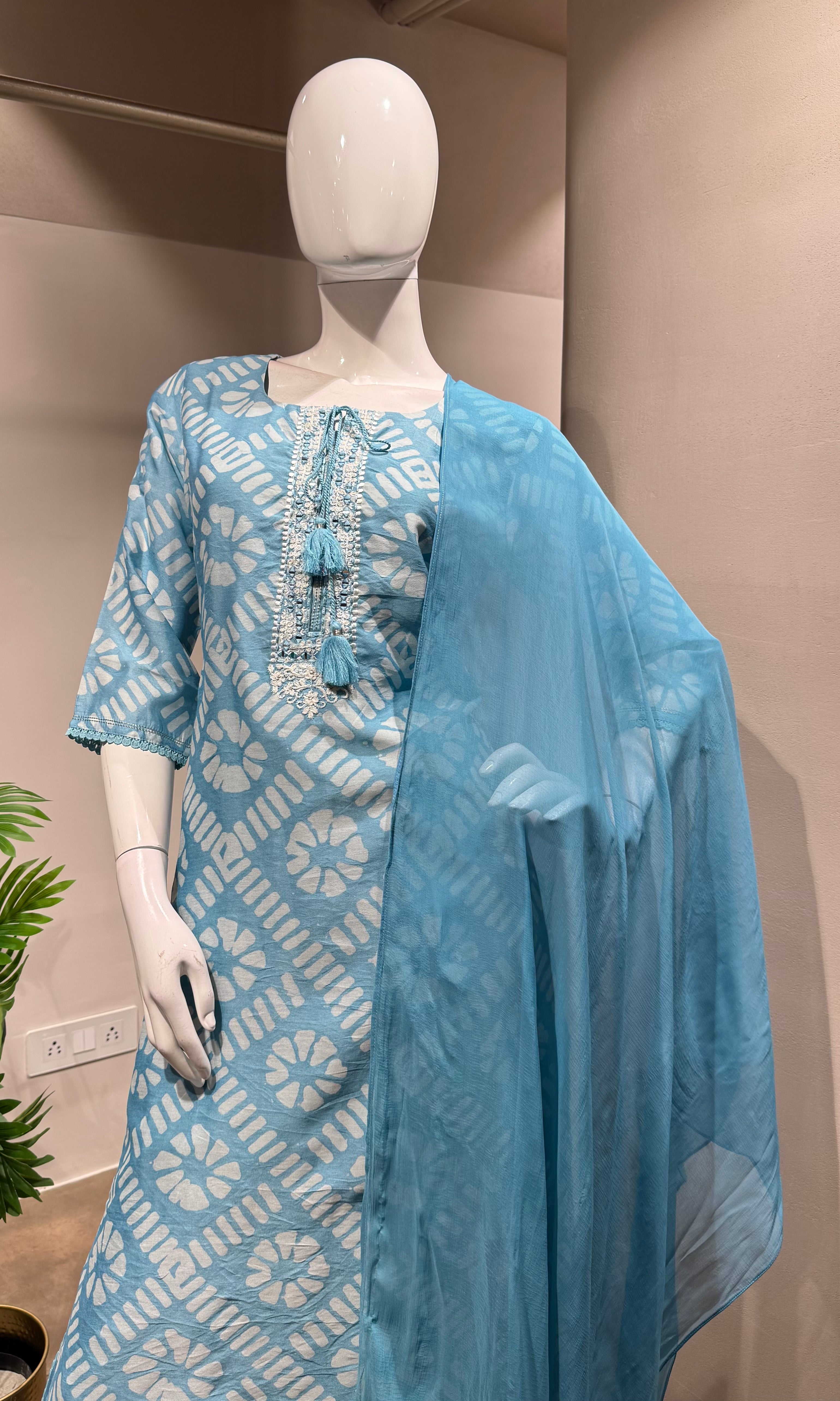BLUE PRINTED EMBROIDERED KURTA SET