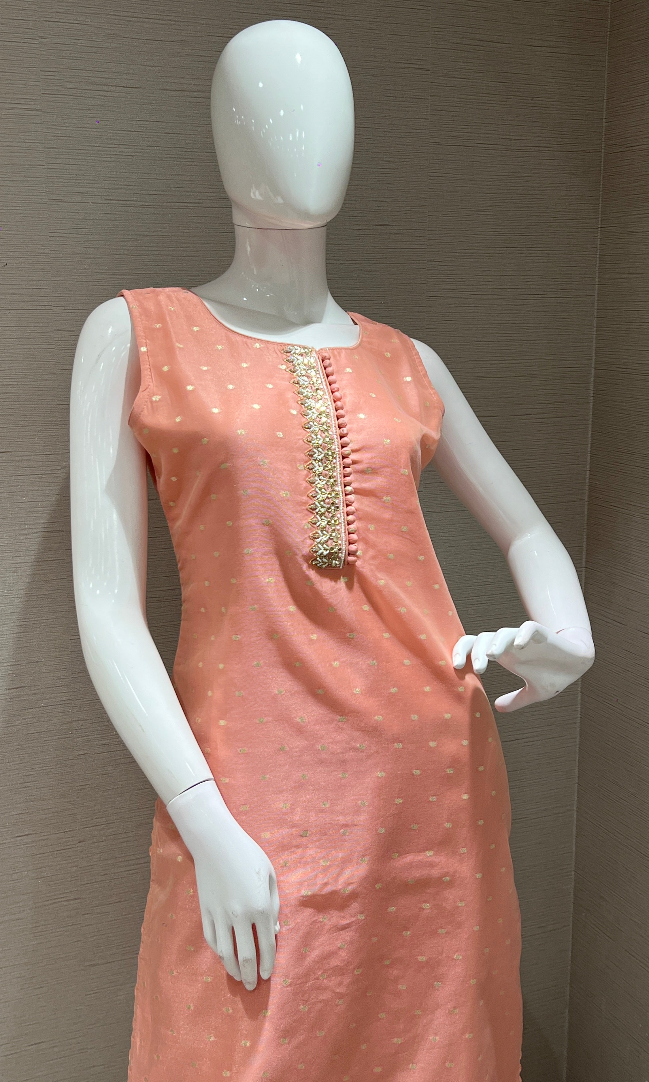 Peach kurta set with striped dupatta