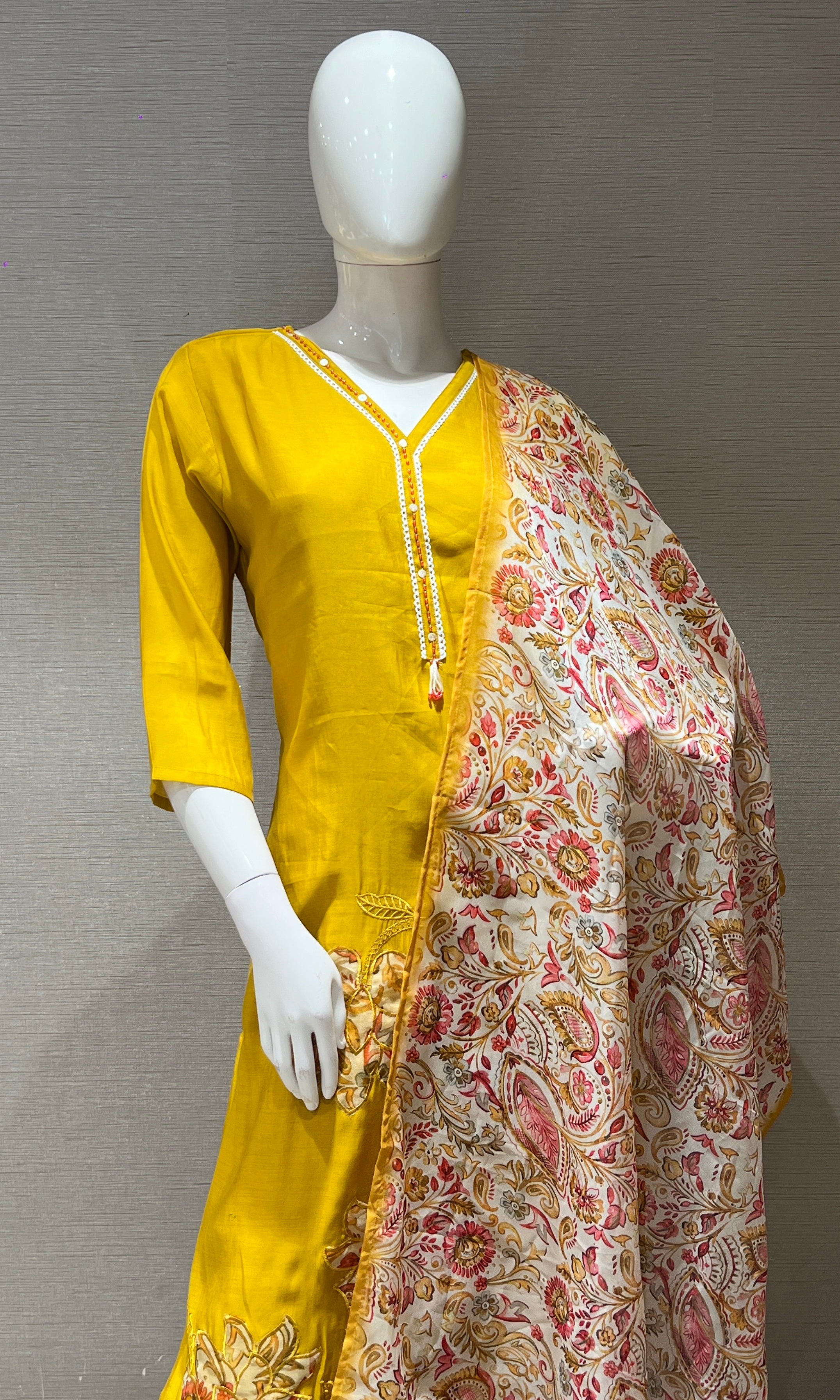 Mustard yellow kurta set with printed dupatta