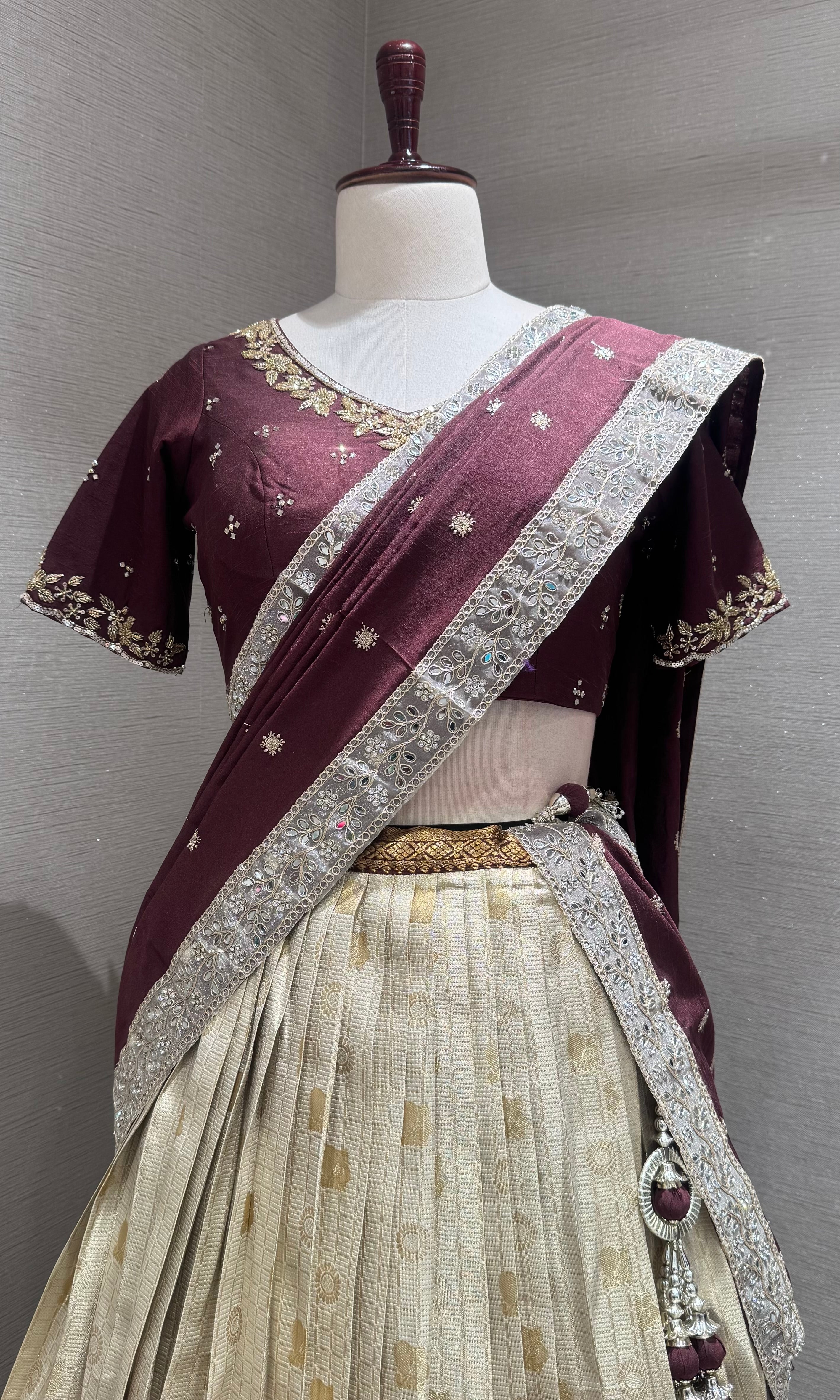 Brown and gold banarasi pattu lehenga with embroidered blouse