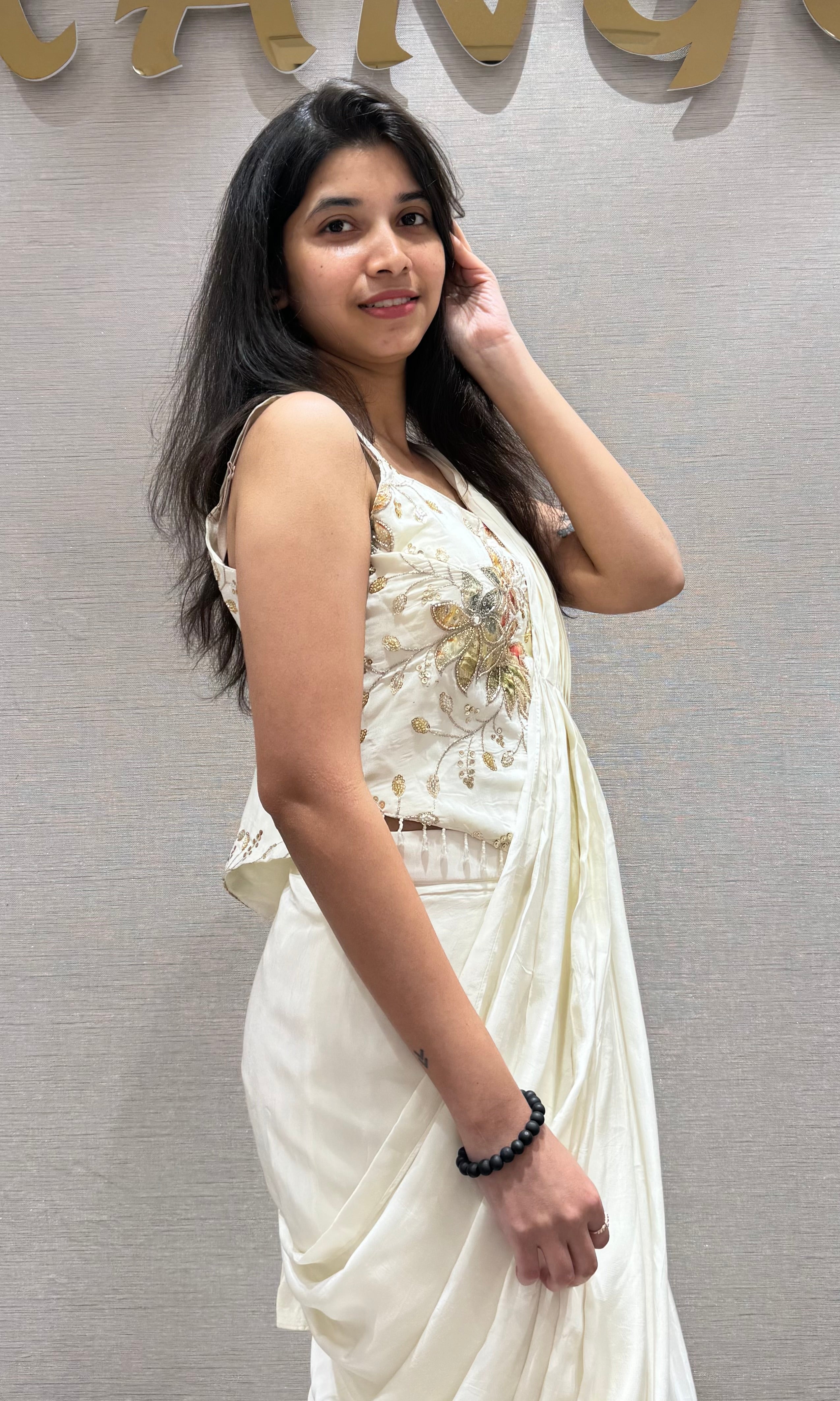 Cream drape saree WITH FLORAL BLOUSE