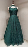 Bottel Green Halter Neck Ballgown with Sheer Cap Sleeves
